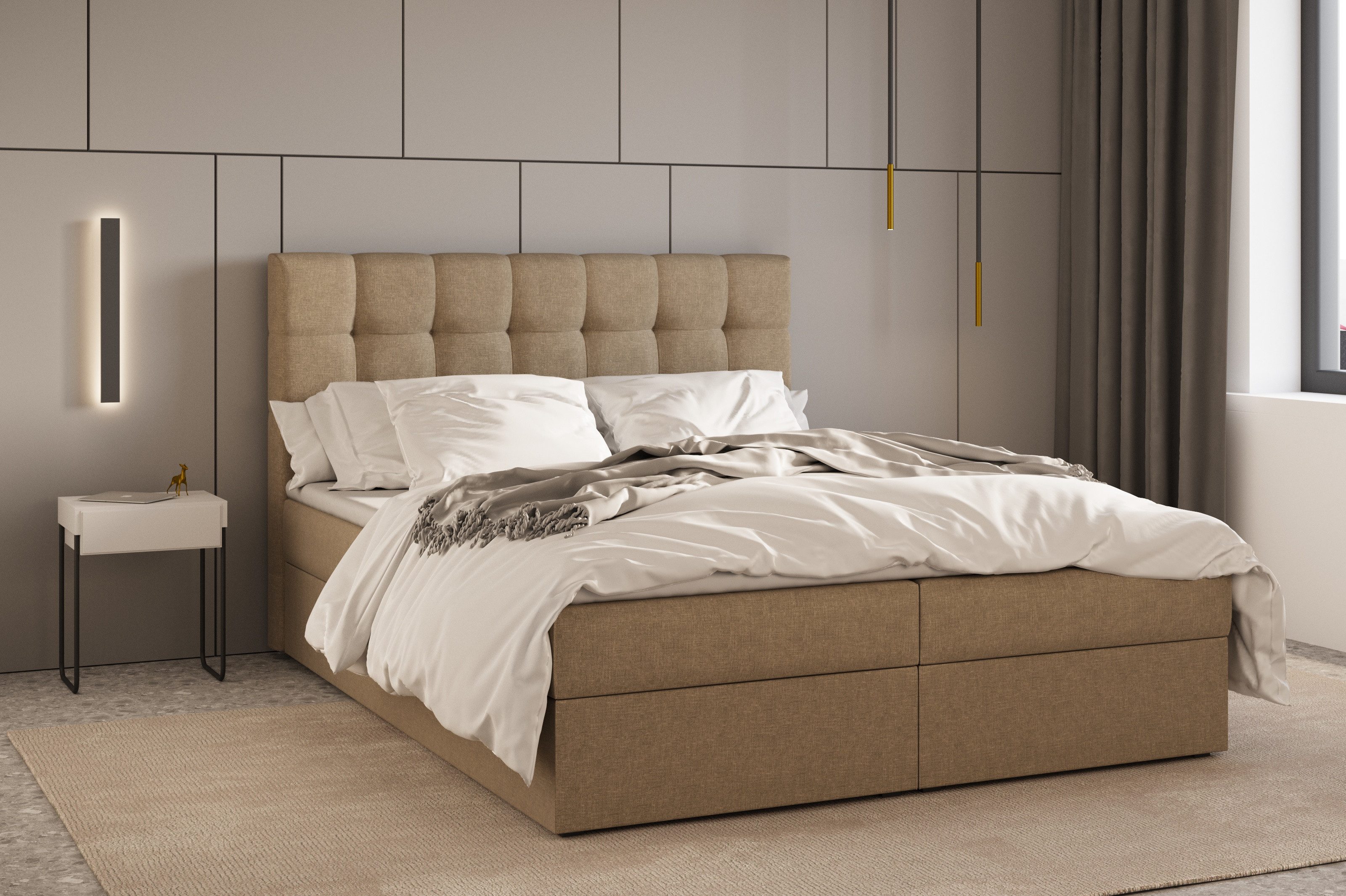 MOEBLO Boxbett Bett 05 (Polsterbett Kontinentalbett, Bonell, Topper, Doppelbett 140x200, gepolstertes Kopfteil mit Bettkasten), gepolstertes Kopfteil mit Bettkasten