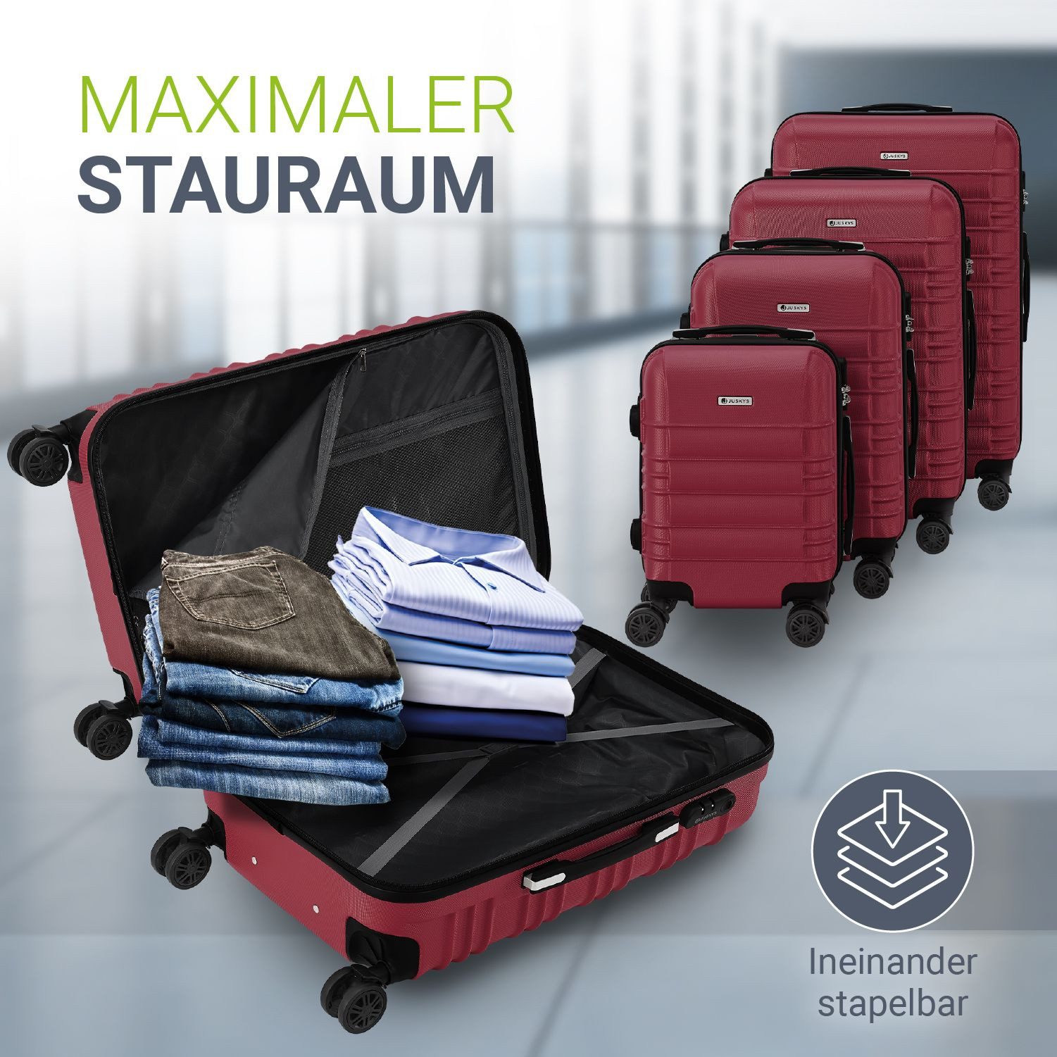 Juskys Trolleyset Rom, 4 Rollen, (4 tlg., 4-teilig), 4 Koffer, 360° Rollen, robuste Hartschale, mit Zahlenschloss