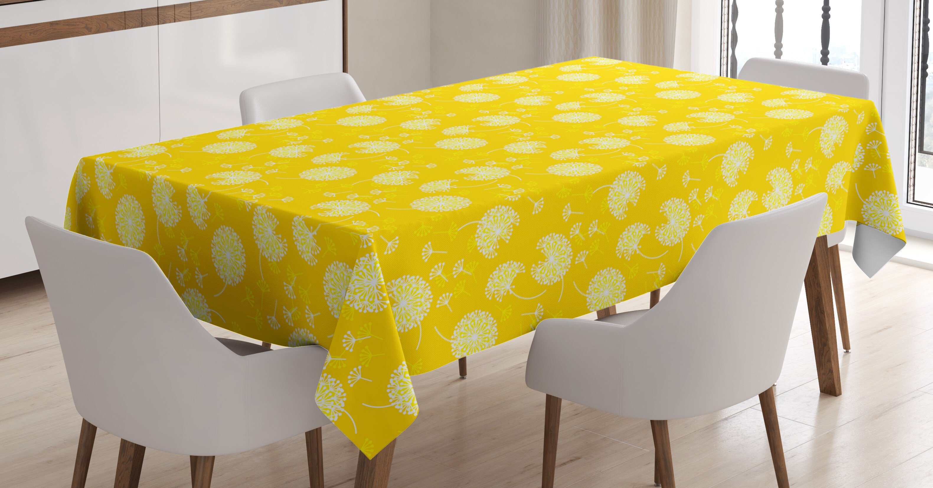 Abakuhaus Tischdecke Farbfest Waschbar Für den Außen Bereich geeignet Klare Farben, Gelb und Weiß Zusammenfassung Löwenzahn