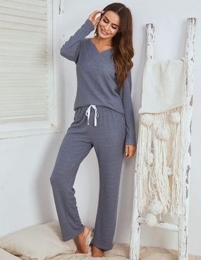 ZWY Hausanzug Damen-Homewear-Set im Waffelmuster langem, langärmeligen Schlafanzug (1 tlg)