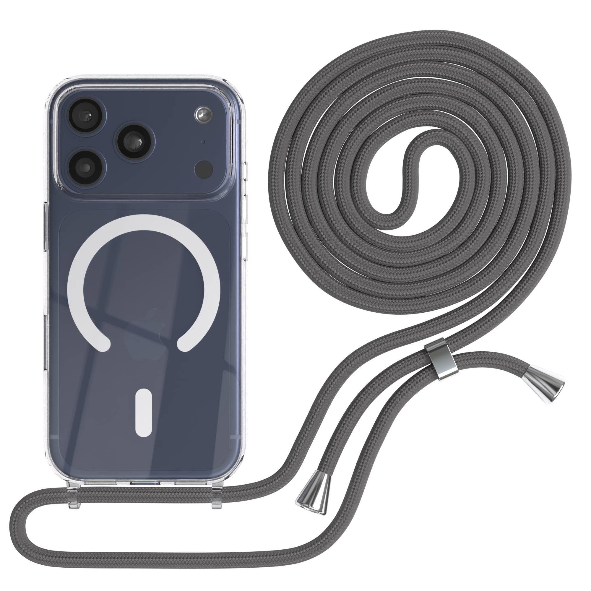 EAZY CASE Handykette mit Magsafe Hülle für Apple iPhone 17 Pro 6,3 Zoll, Umhängetasche für Handy Silikoncase Handyhülle durchsichtig Dunkelgrau
