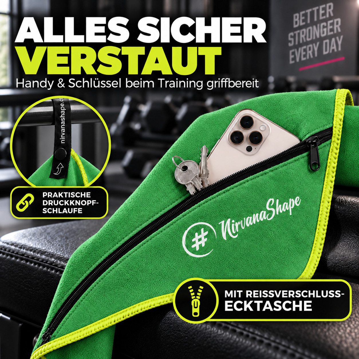 NirvanaShape Sporthandtuch NirvanaShape Mikrofaser Fitnesshandtuch mit Ecktasche und Knöpfen, saugfähig, leicht, schnelltrocknend, für Reisen, Fitness, Yoga, Sa – Bild 3 von 5