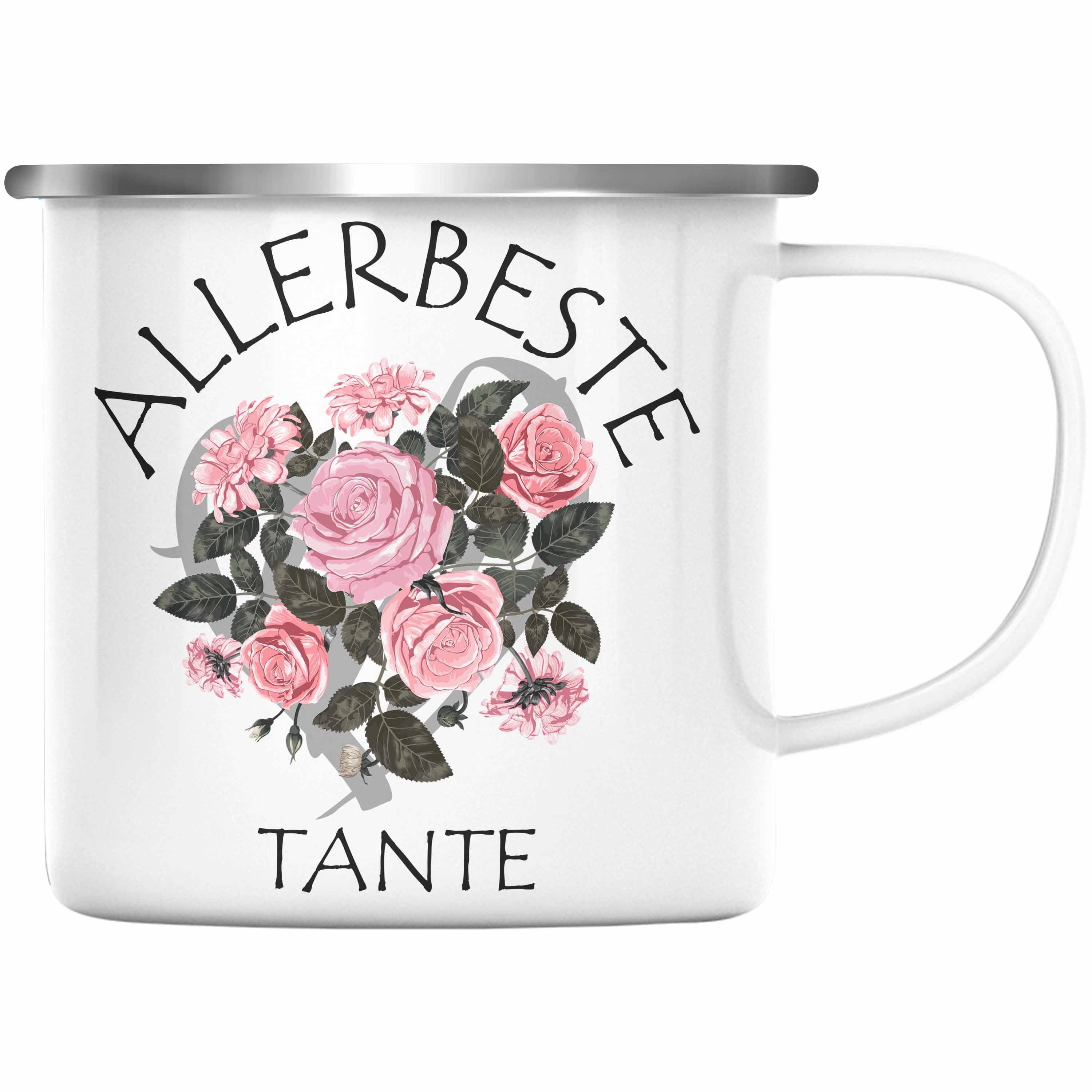 Trendation Thermotasse Trendation - Beste Tante Emaille Tasse Geschenk KaffeeEmaille Tasse für Beste Tante der Welt Geschenkidee Geburtstag Silber