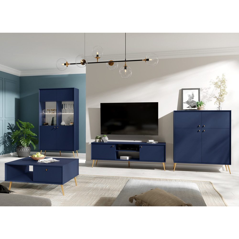 Lomadox Wohnzimmer-Set RIPLEY-166, (Mega-Spar-Set, 4-St., Couchtisch Highboard Lowboard Vitrinenschrank), Wohnwand modern dunkelblau mit Beleuchtung