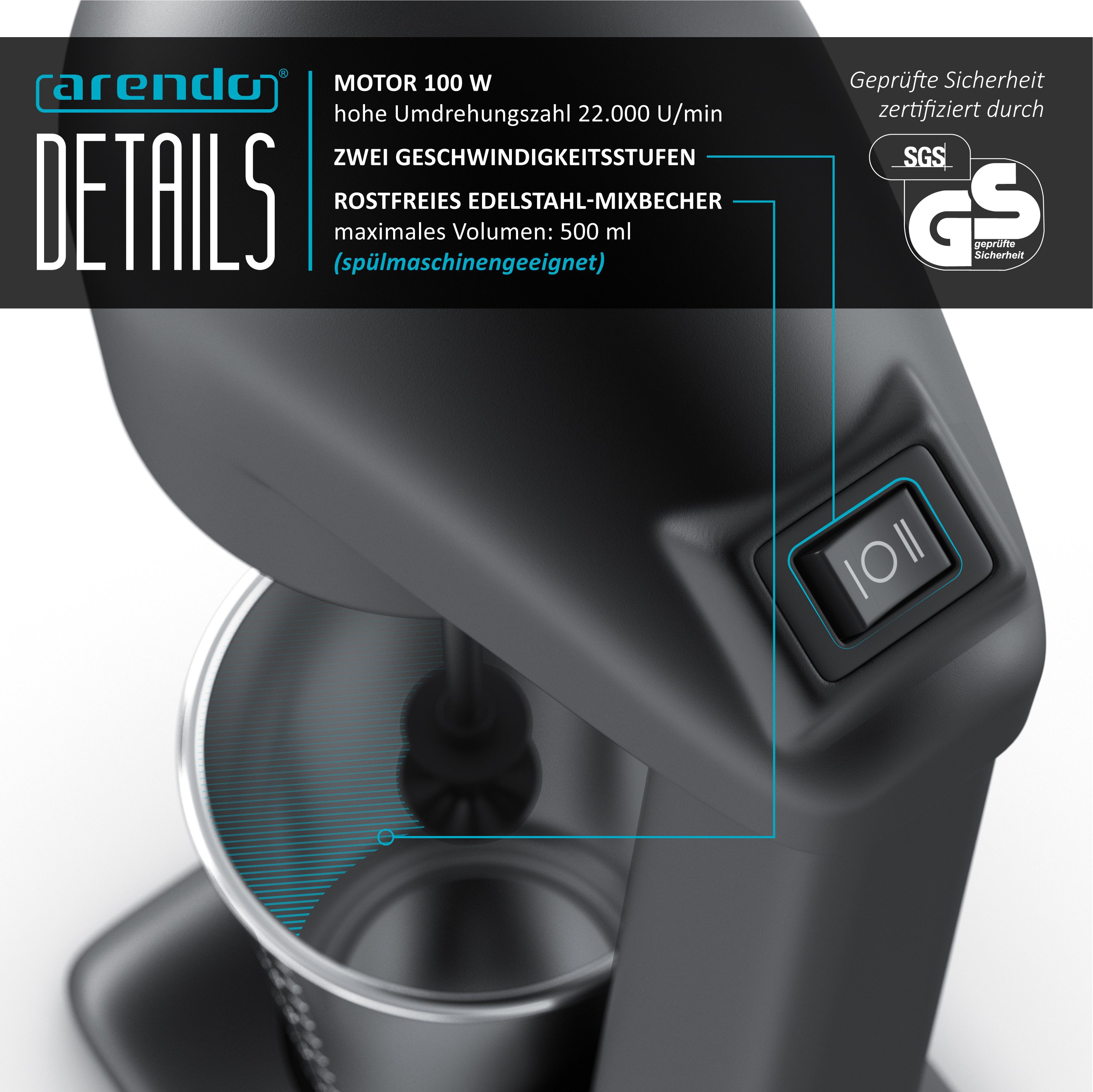 Arendo Standmixer Drink Mixer elektrisch mit 500ml Becher Getränkemixer, 22.000 U/min, 100 W, 2 Geschwindigkeiten für Fitness Protein Shakes, Smoothies, Milchsh – Bild 3 von 5