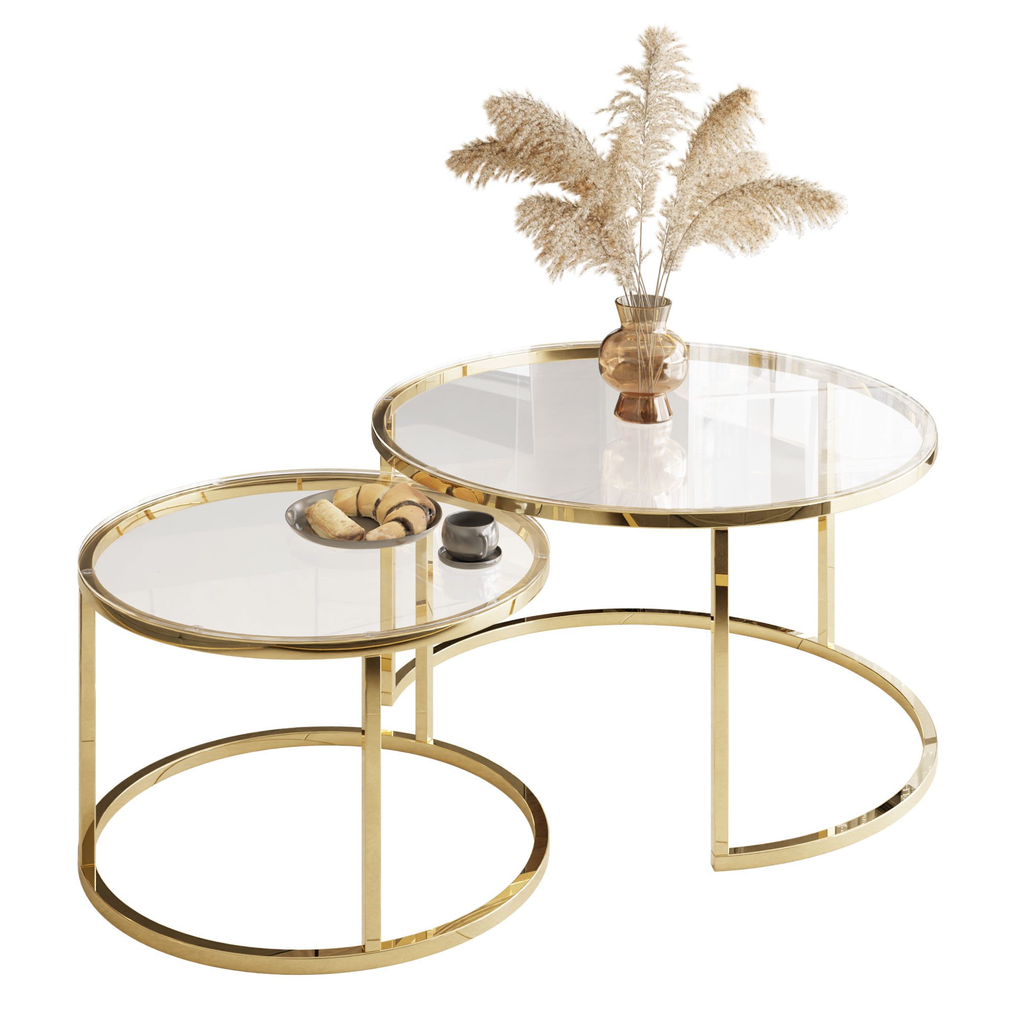 Lookway Couchtisch -Set SELAVI 2in1 – rund, mit Glasplatte (2er Set), Durchmesser: ⌀80 cm und ⌀60 cm