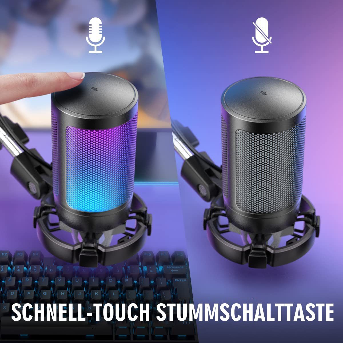 FIFINE Mikrofon USB Mikrofon Streaming mit Arm Kondensator Mikrofon Set PC Gaming RGB, Stummschalttaste, Popfilter und Stoßdämpferhalterung, Schwarz – Bild 5 von 5