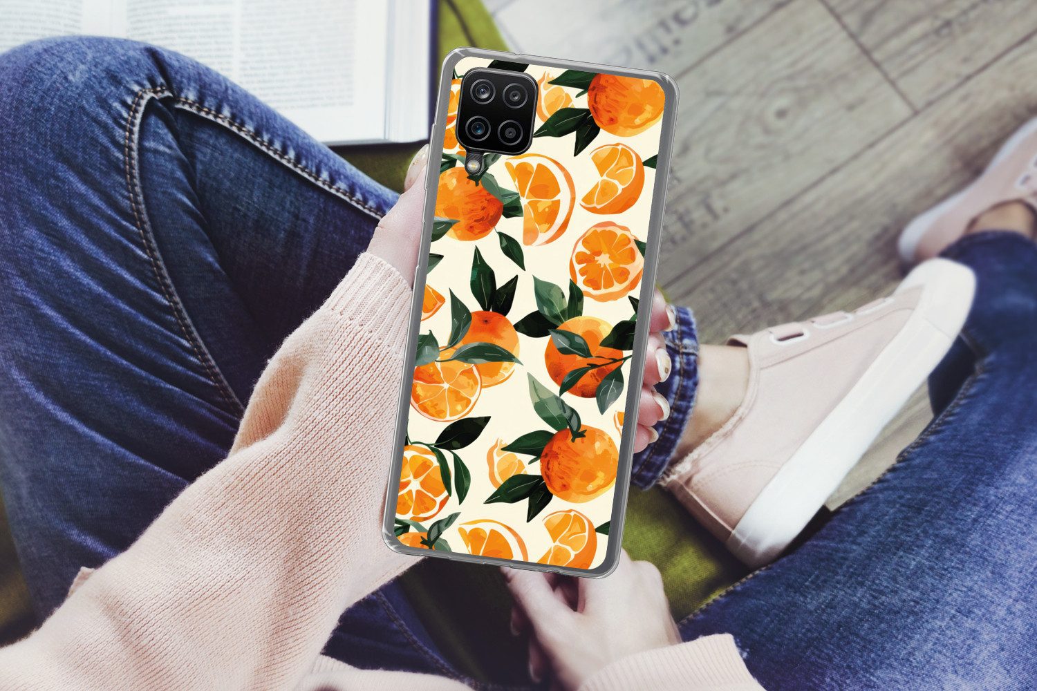 MuchoWow Handyhülle für Samsung Galaxy A12 Orangen - Früchte - Blätter - Orange - Grün - B, Smartphone-Bumper, Print, Handy Schutzhülle Dünn