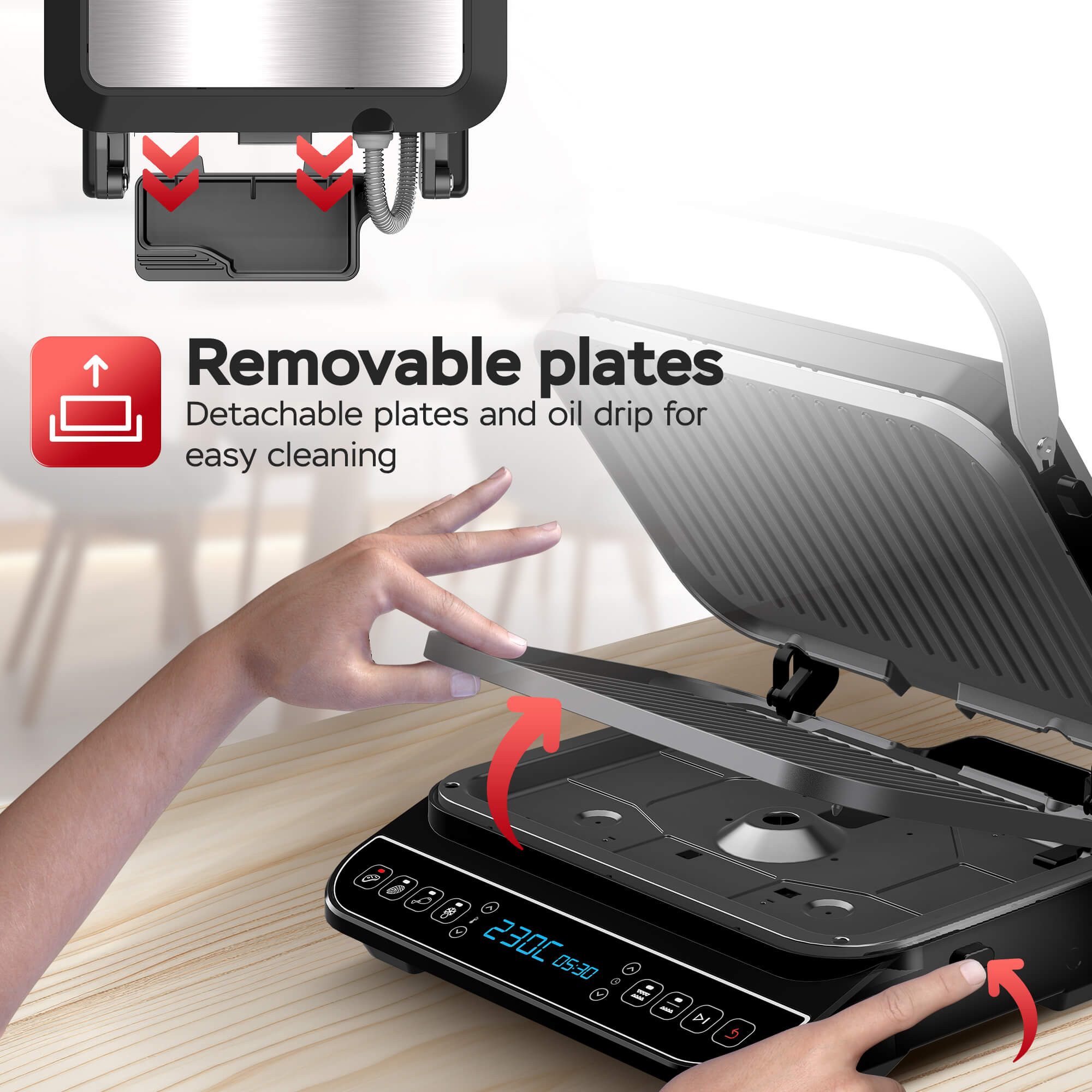 TurboTronic by Z-Line Elektrogrill abnehmbare Platten, digital, 180° Öffnung, 2000 W, Abnehmbare Platten, 4 Programme, 230°C max.