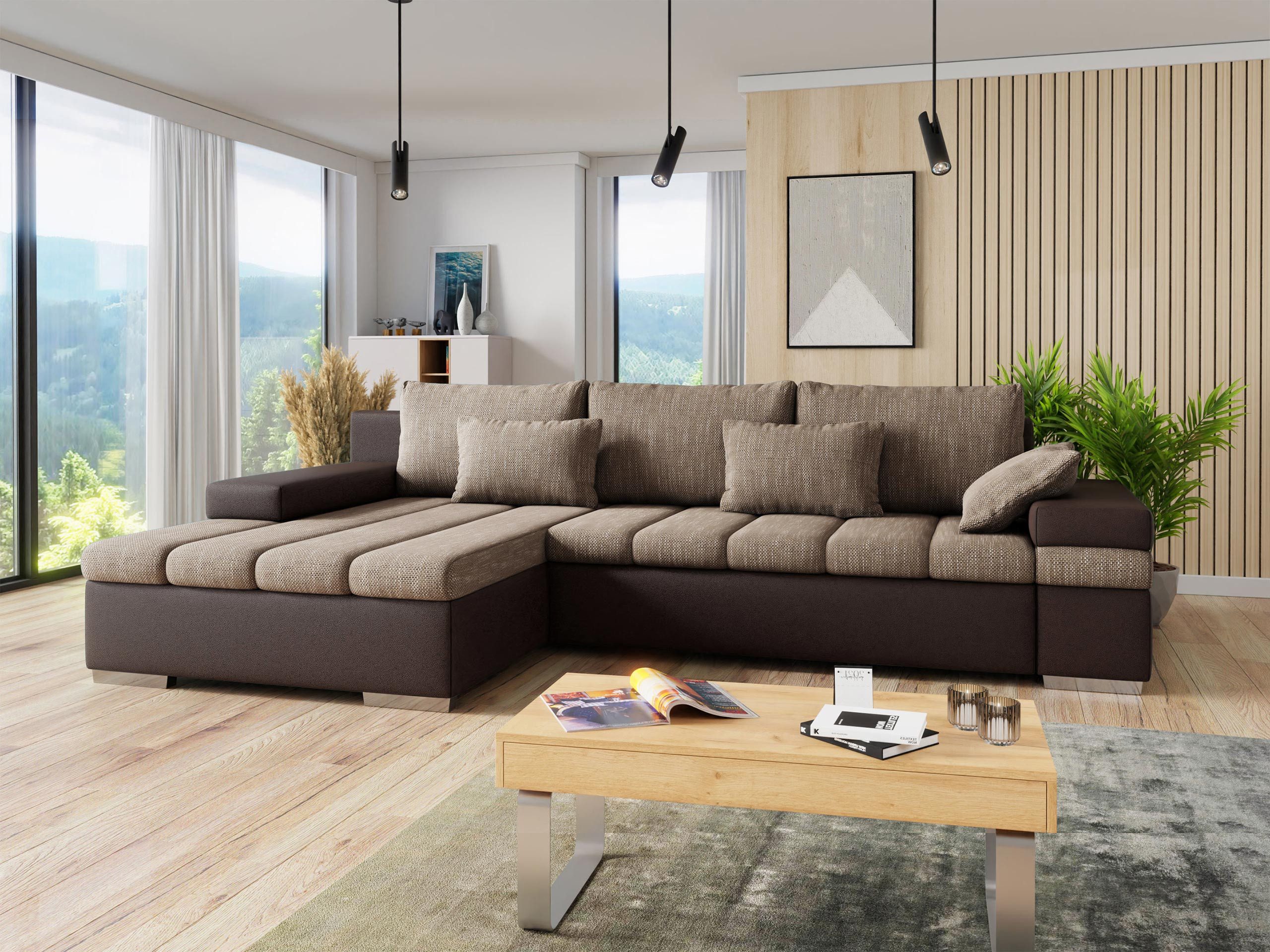 MIRJAN24 Ecksofa Bangkok, mit Bettkasten und Schlaffunktion, L-Form, Wellenfeder, 310x175x83 cm