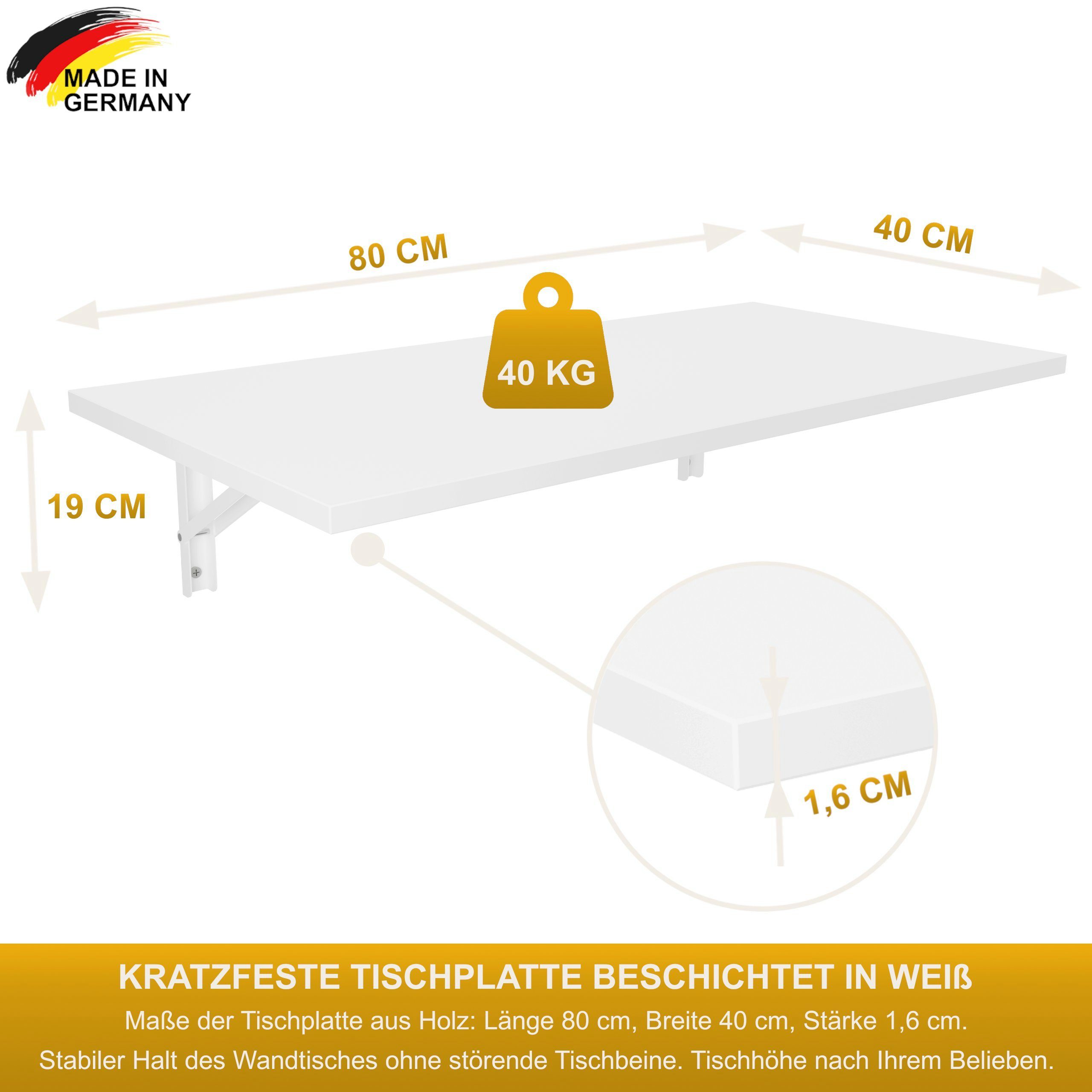 KDR Produktgestaltung Wand Klapptisch Weiß Tisch, Esstisch 80x40 Wandklapptisch Schreibtisch Küchentisch