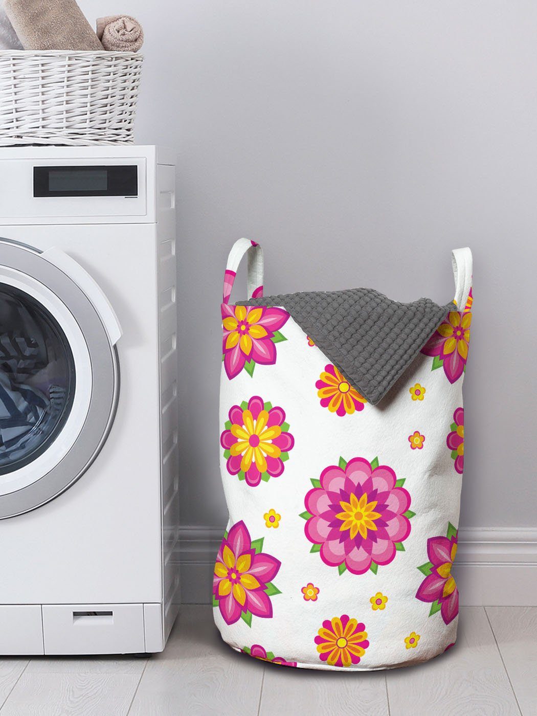 Wäschekorb Abakuhaus Waschsalons, Wäschesäckchen und Blumen-Blüte mit Orange für Griffen Kordelzugverschluss Rosa