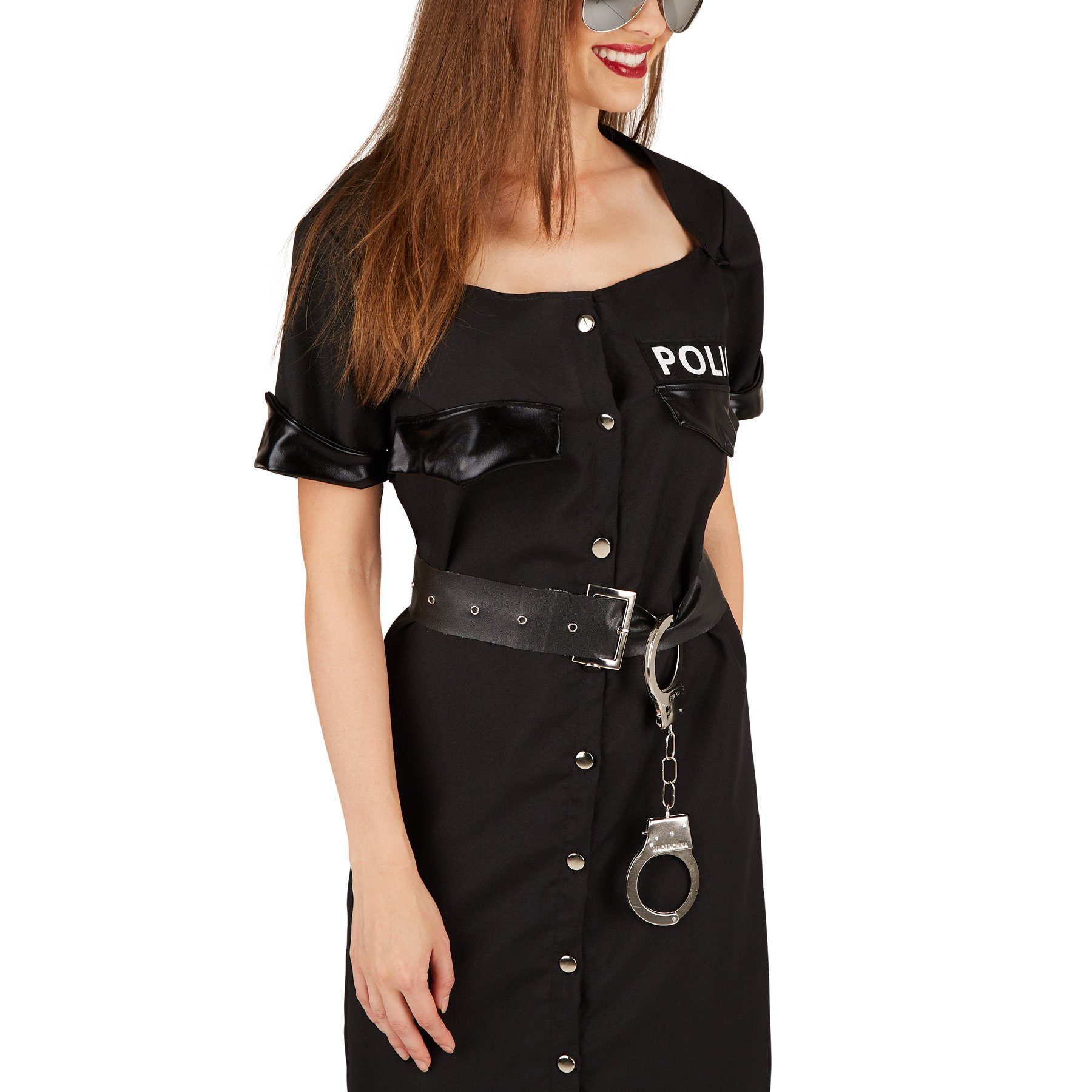 dressforfun Kostüm Polizistin, auch Wachfrau, Konfektionsgröße M, Inkl. Handschellen, in schwarz, Atemberaubendes Kleid, Cooler Kunstlederimitat Gürtel