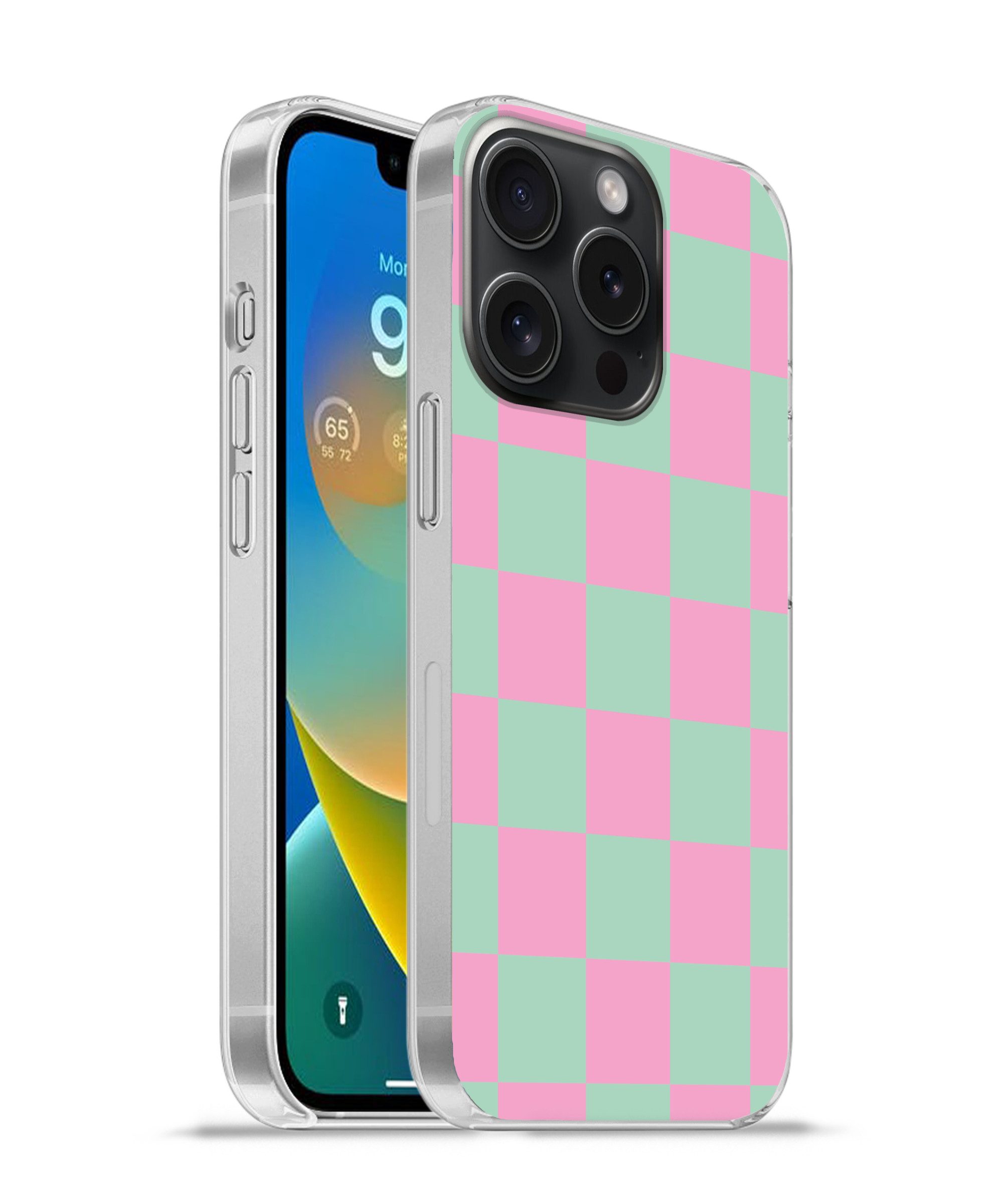 MuchoWow Handyhülle für Apple iPhone 15 Pro Schachbrettmuster - Grün - Rosa - Würfel, Smartphone-Bumper, Print, Handy Schutzhülle Dünn