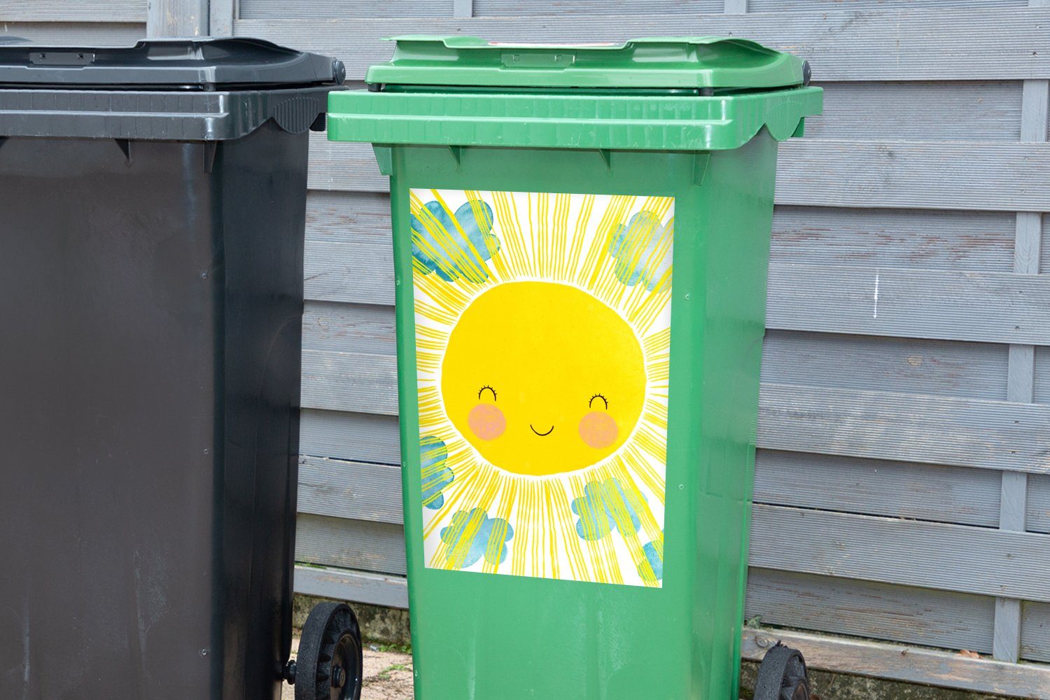 Abfalbehälter Wandsticker Illustration Mülleimer-aufkleber, Kinder Sonne Gelb - - - MuchoWow Container, St), (1 Mülltonne, Sticker,
