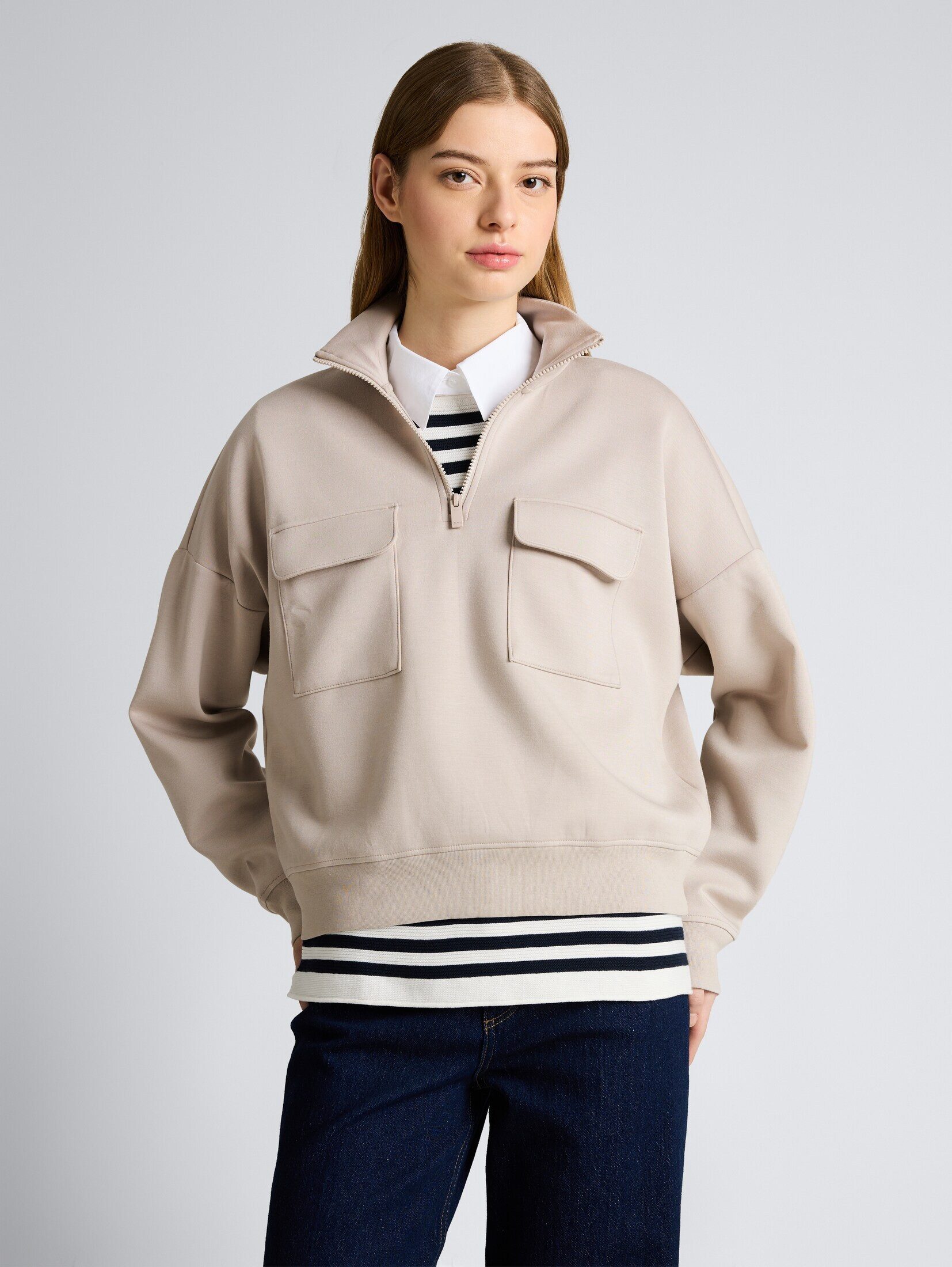 TOM TAILOR Denim Sweatshirt Strick & Sweatshirts Loose Fit Troyer Sweatshirt aus Scuba