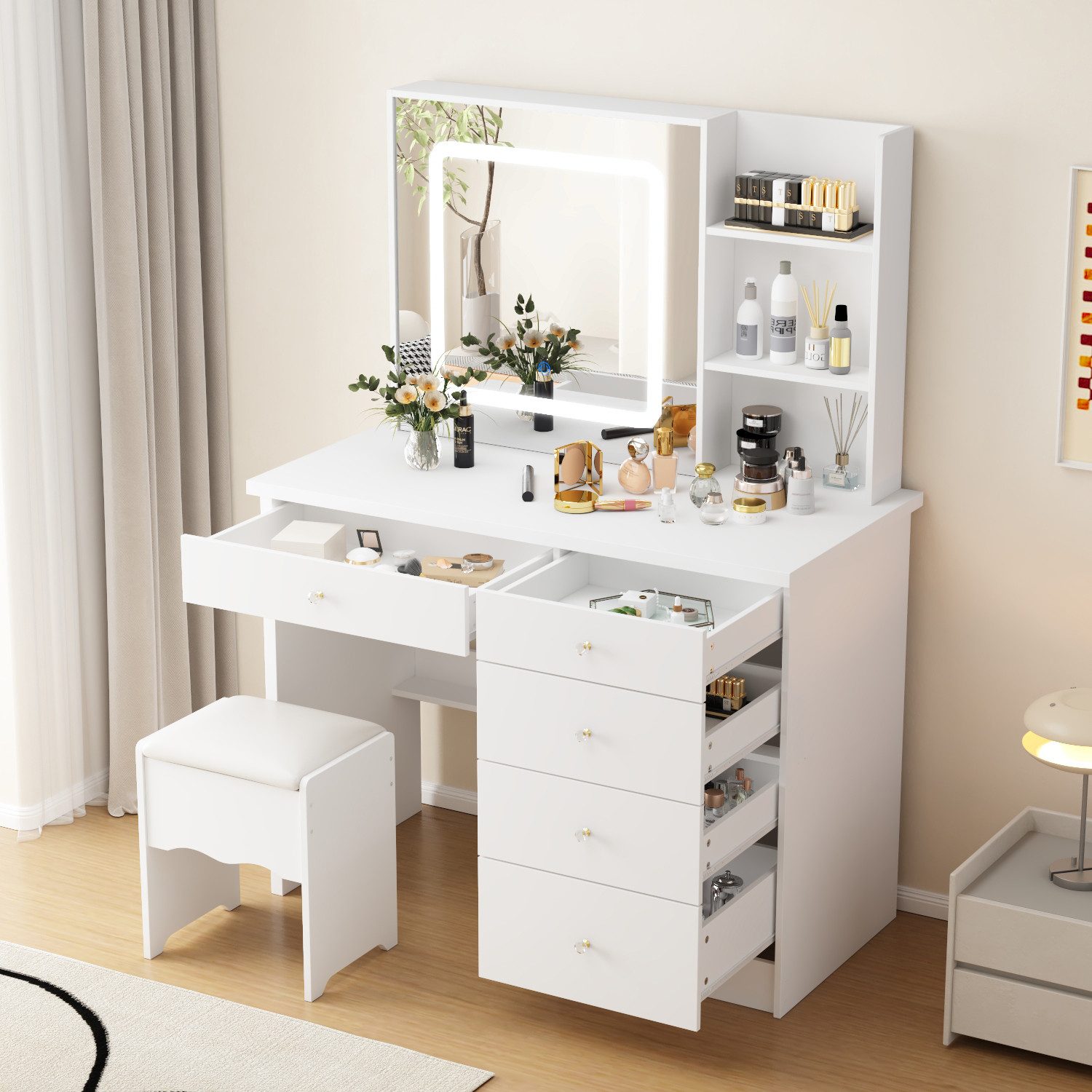 HOMSEE Schminktisch mit LED-Beleuchtung und Hocker, 5 Schubladen, 50 x 100 günstig online kaufen