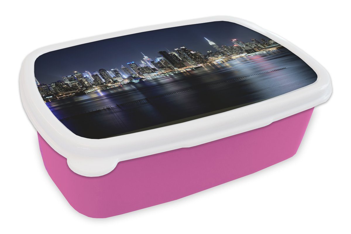 MuchoWow Lunchbox New York - Sternenhimmel - Empire State Building, Kunststoff, (2-tlg), Brotbox für Erwachsene, Brotdose Kinder, Snackbox, Mädchen, Kunststoff rosa