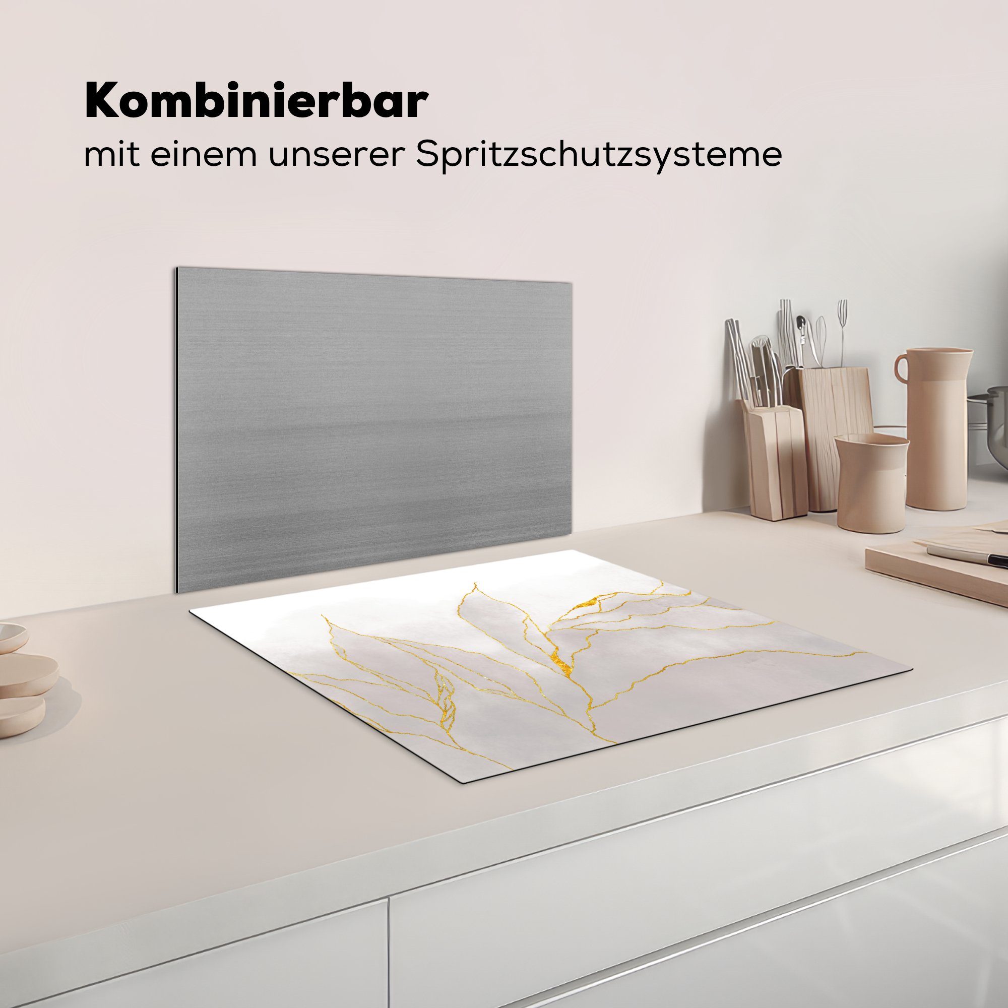 Vinyl, - nutzbar, Marmoroptik tlg), 60x52 Arbeitsfläche Herdblende-/Abdeckplatte - Marmor, Ceranfeldabdeckung Gold (1 Grau Mobile - Chic - MuchoWow cm,