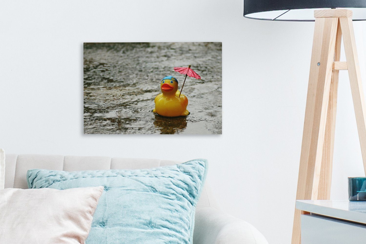 Leinwandbild 30x20 - cm Wanddeko, Regen Gummi-Ente St), OneMillionCanvasses® Leinwandbilder, Wandbild (1 Aufhängefertig, Regenschirm, -