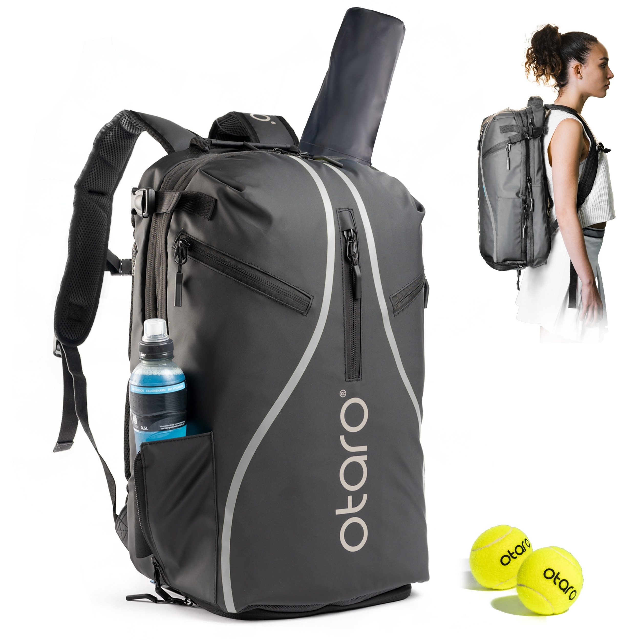Otaro Tennisrucksack mit Schuhfach, Tennistasche für 2 Schläger, Schlägertasche, 42L (Perfekt durchdacht für die gesamte Ausrüstung, mit Thermo-Schlägerfach, Laptopfach & isoliertem Getränkefach), wasserabweisende Tennis Tasche für Herren & Damen