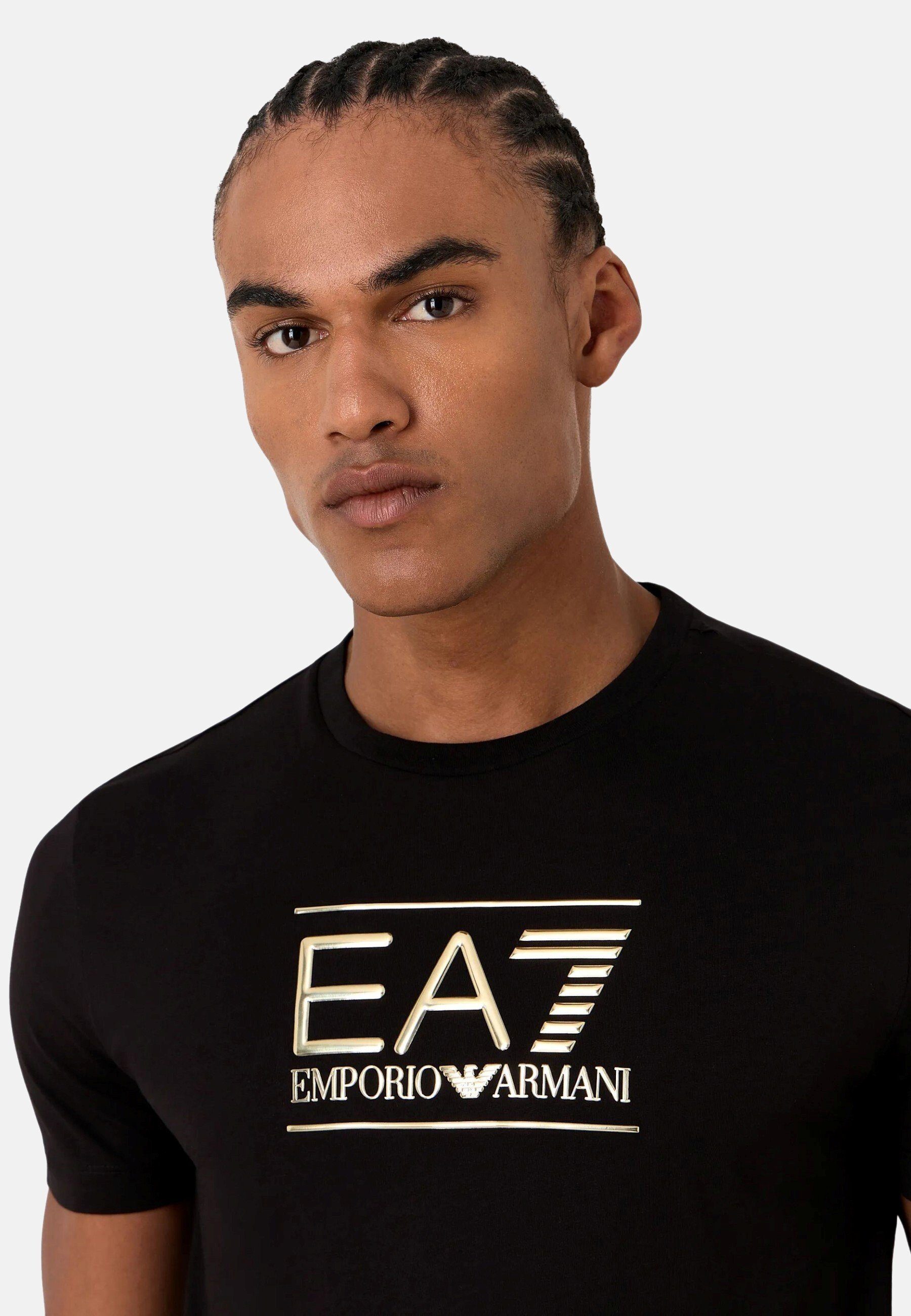 Emporio Armani T-Shirt Label schwarz Rundhalsausschnitt Shirt (1-tlg) mit Tee Gold