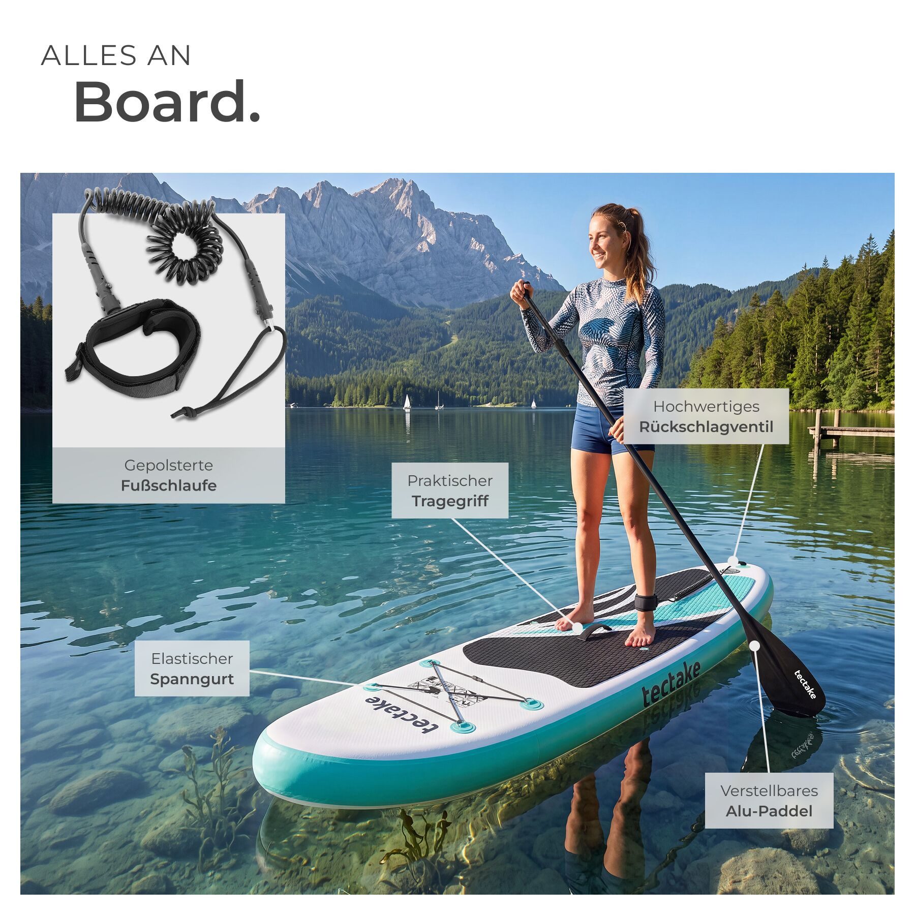 tectake SUP-Board Aufblasbares Paddle Board 2in1 mit Kajaksitz, Drop-Stitch, Stand-up Paddle, (Sup Board Mit Kajaksitz Zenon, in Weiß/türkis), Belastbar bis 200 kg, Inkl. Zubehör, verstellbares Doppelpaddel