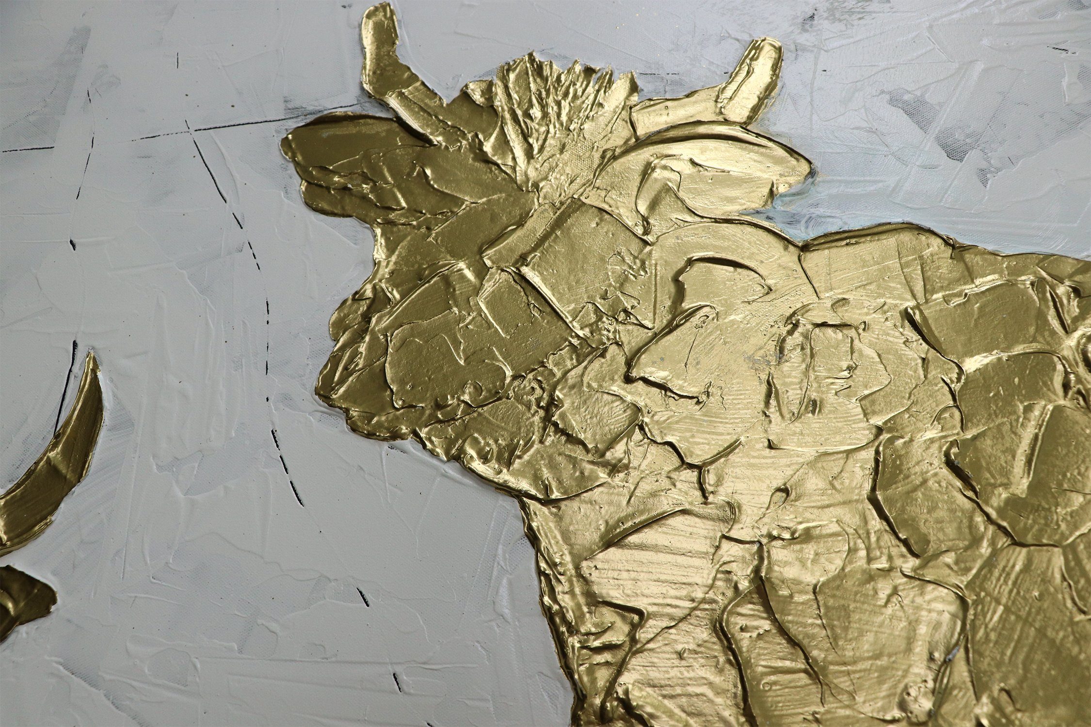 YS-Art Gemälde Golden Kühe, mit Bild Tiere, Kuh Leinwand Gold Handgemalt Rahmen