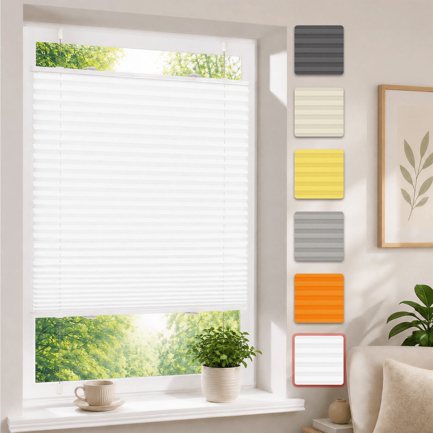 OUBO Plissee Faltrollo Ohne Bohren, Lichtschutz, Klemmträger,Easyfix, Lichtschutz, verspannt, Klemmfix, Jalousie für Fenster & Tür