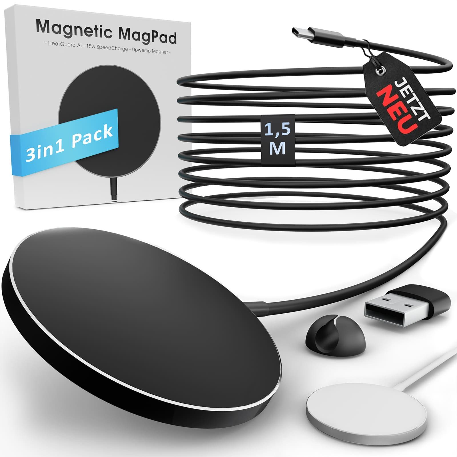 GreenHec MagSafe Ladegerät 15w iPhone 17 16 15 14 13 12 Pro Max Plus kabellos Wireless Charger (5,00 mA, Set, iPhone 8 - 16 Pro Max, Magnetic MagSafe, Magnetisches induktives Ladepad für Apple Schwarz Silber)