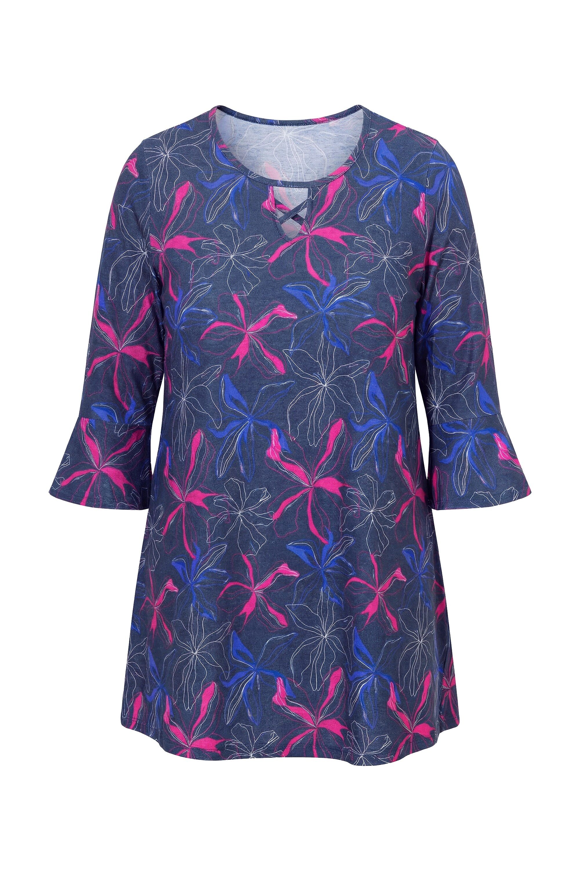 Ulla Popken Longshirt Longshirt bedruckt Tunika-Ausschnitt 3/4-Arm