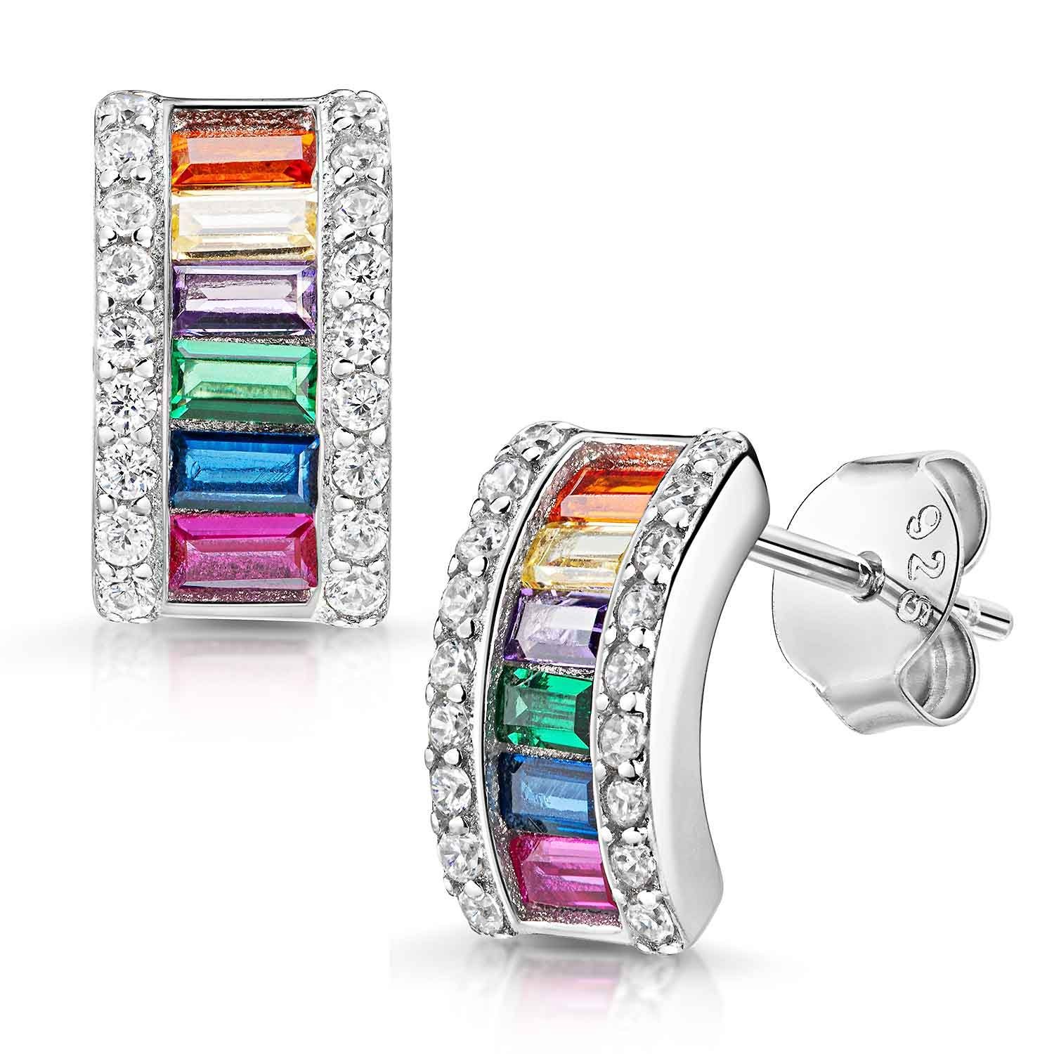 Materia Paar Ohrstecker Regenbogen Ohrringe Zirkonia bunt gebogen SO-6, 925 Sterling Silber, rhodiniert