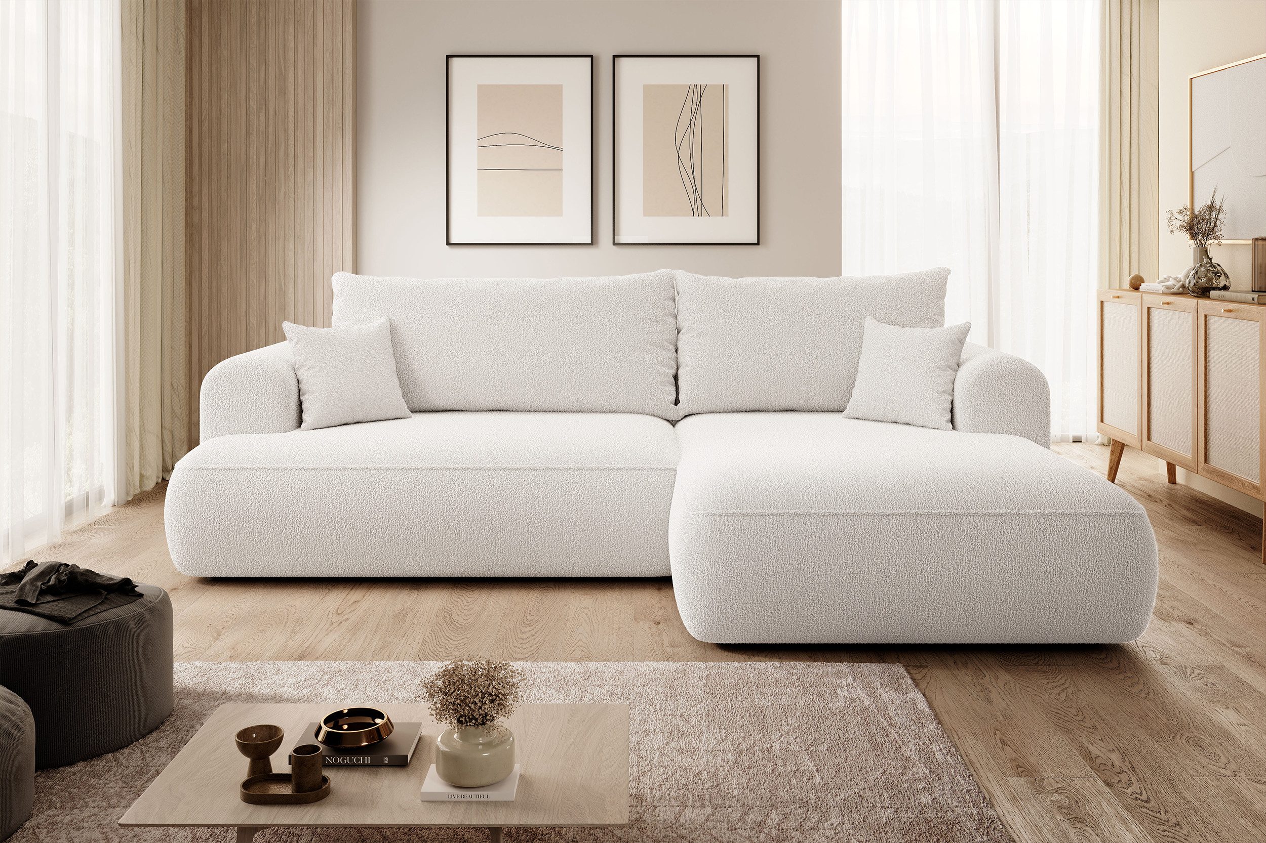 Selsey Ecksofa OVO, Schlaffunktion 142x210 cm, Bettkasten, Boucle-Bezug