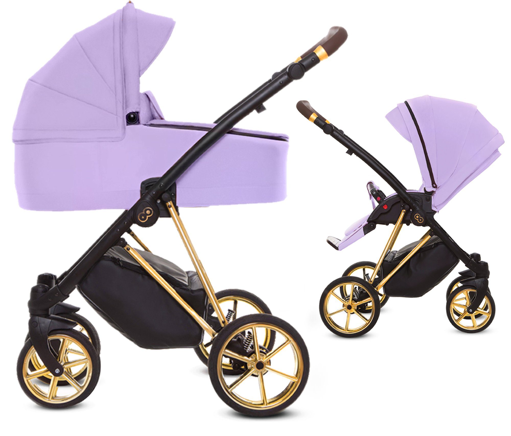 TPFLiving Kombi-Kinderwagen 2in1 Musse Ultra, Baby Buggy Babywanne 5-Punkt-Sicherheitsgurt, großes Zubehör-Set Kinderwagen 2 in 1 Stoff Lila, Gestell Gold