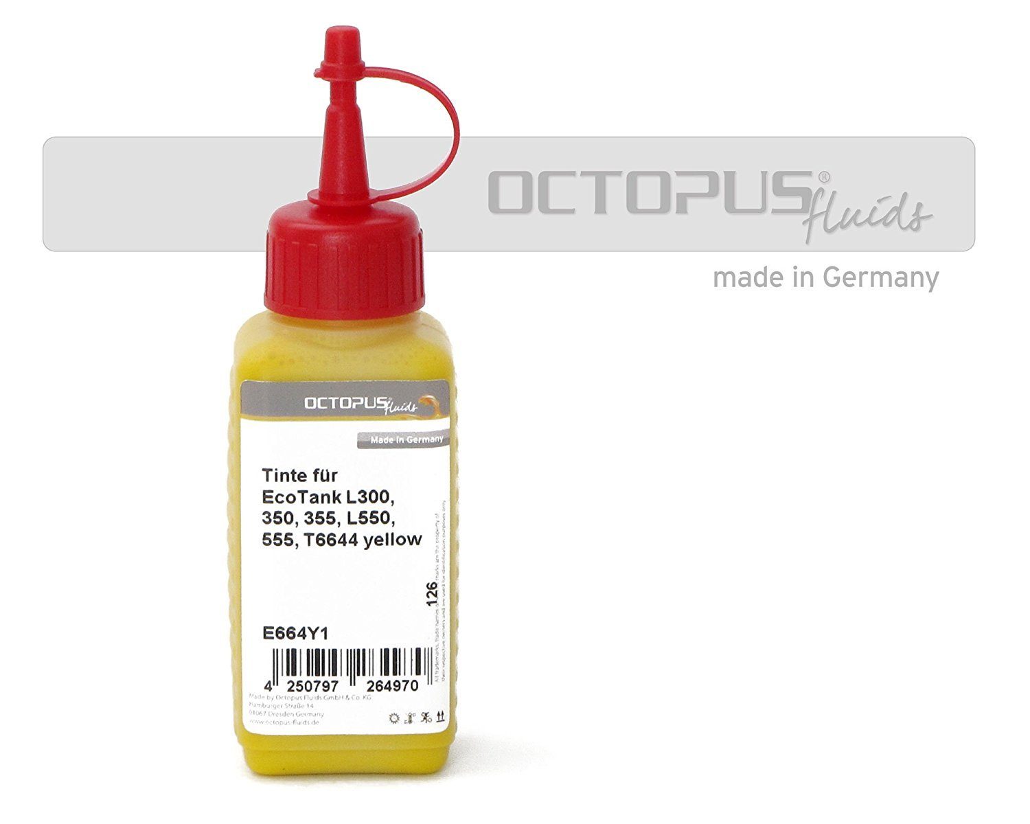 OCTOPUS Fluids Druckertinte Epson EcoTank L300, L355, L555 Drucker, T6644 gelb Nachfülltinte (für Epson, 1x 250 ml) Gelb 250ml