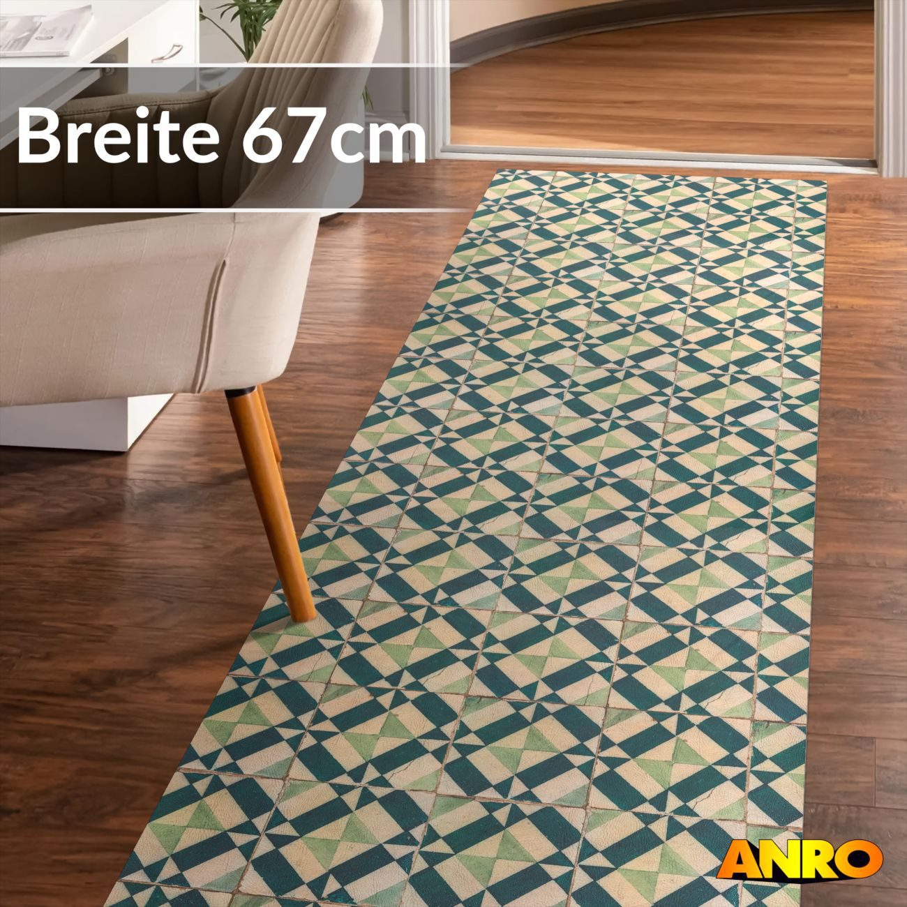 ANRO Küchenläufer abwaschbar Azulejo LADY Läufer pflegeleicht Küchenteppich, Rechteckig, Höhe: 3 mm, robust schmutzabweisend 67x100cm Rustikal Grün robust