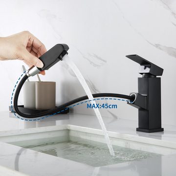 Auralum Waschtischarmatur Ausziehbar Waschtischarmatur Wasserhahn Waschbecken Badarmatur mit 45cm Ausziehenbare Brause,Schwarz