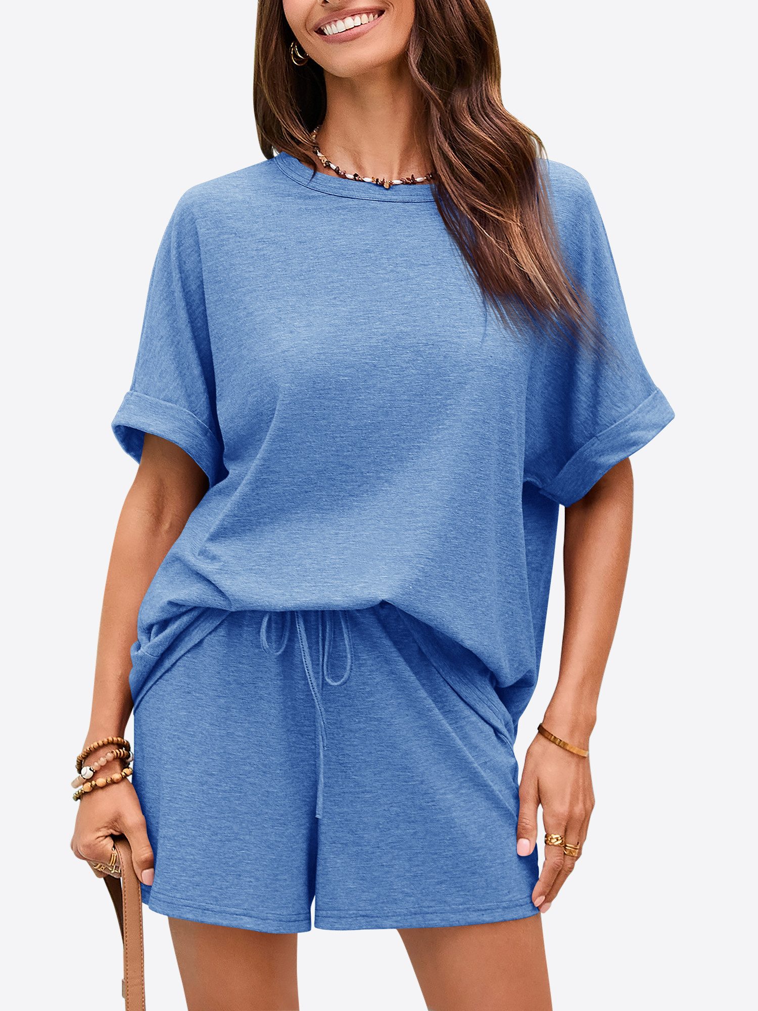 Imily Bela Hausanzug Damen 2-teilige Lounge-Sets (Set, 2 tlg., Oversized Kurzarm-T-Shirts + Shorts mit Kordelzug) einfarbig – Bild 5 von 5