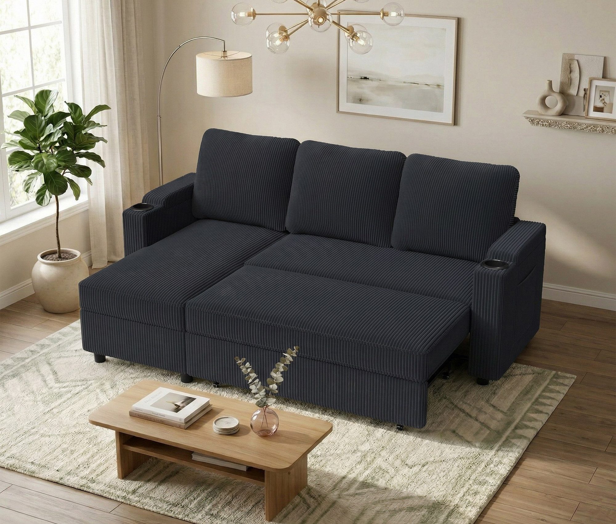 GUNJI Sofa L/U-Sofa mit Schlaffunktion Schlafsofa, Transformationssofa mit Stauraum und Becherhalter - flexibel umkehrbares Layout