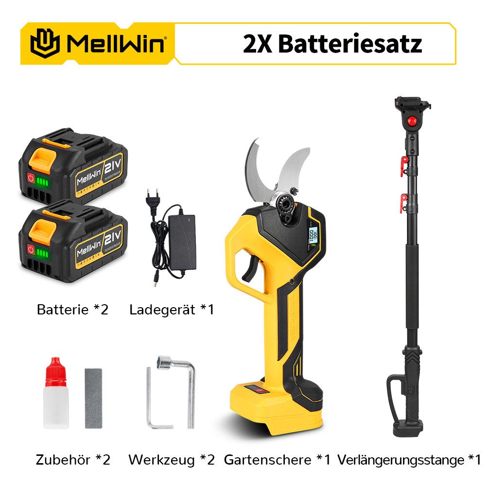 MELLWIN Akku-Astschere 2 in 1 Akku Astschere Teleskop 50mm Elektrische Gartenschere, mit 2x 3.0Ah Akkus Bürstenloser Astschneider für Garten Äste