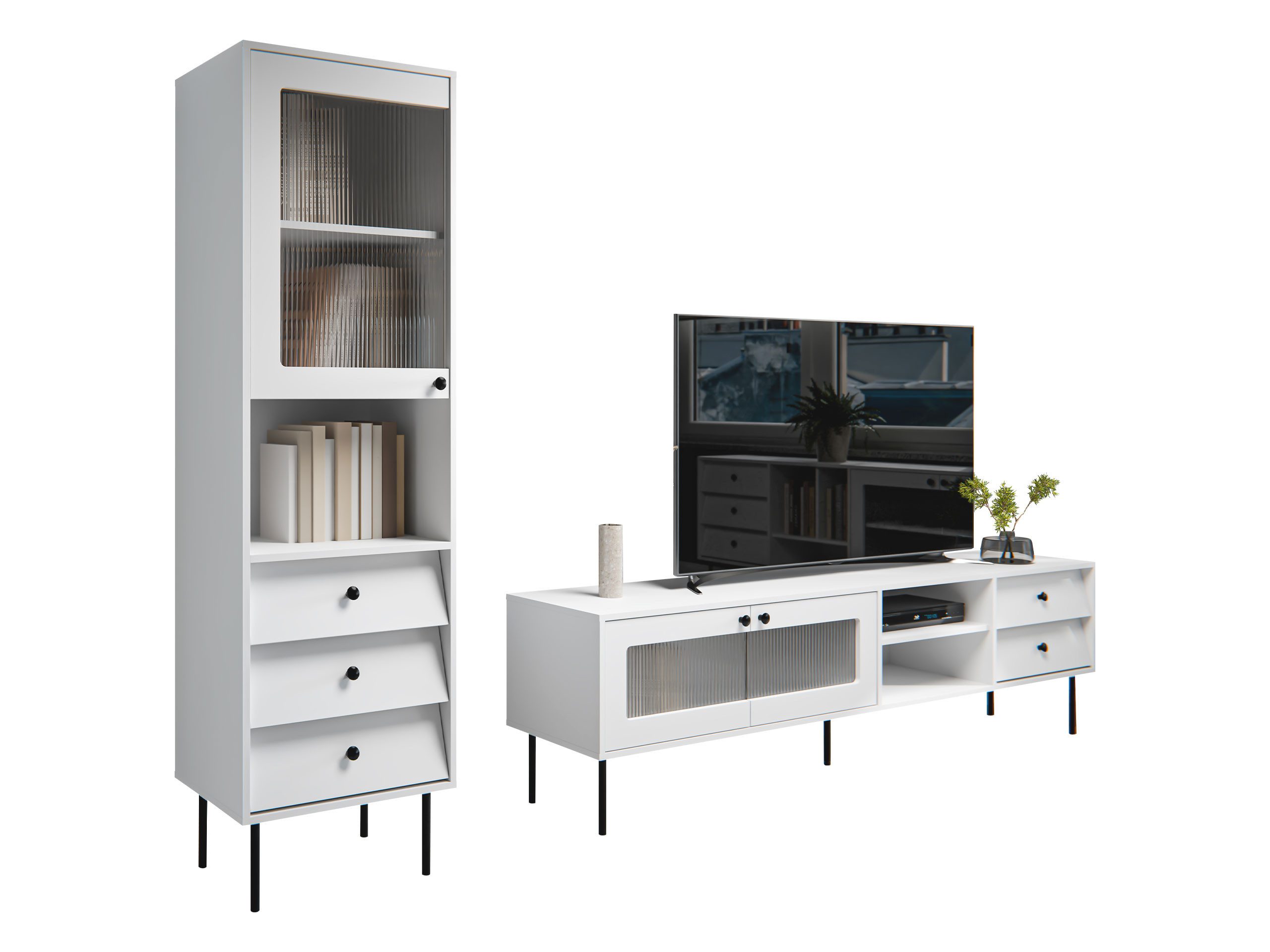 MIRJAN24 Wohnzimmer-Set Valerio II, (2er-Set, TV-Lowboard, Vitrine), Fronten teilweise aus ornamentalem, gehärtetem Glas