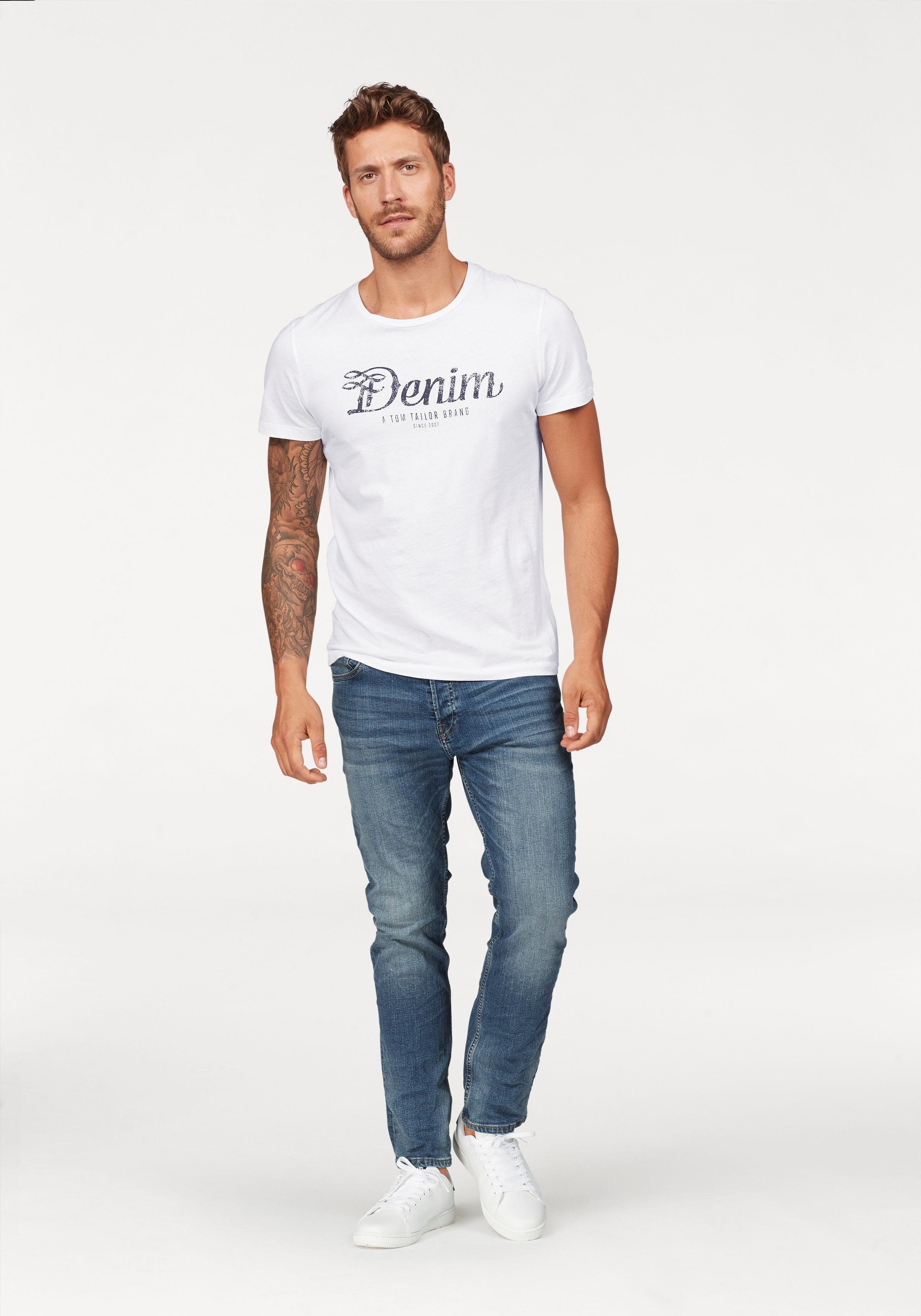 Herren Shirts TOM TAILOR Denim Rundhalsshirt mit Markendruck in used Optik