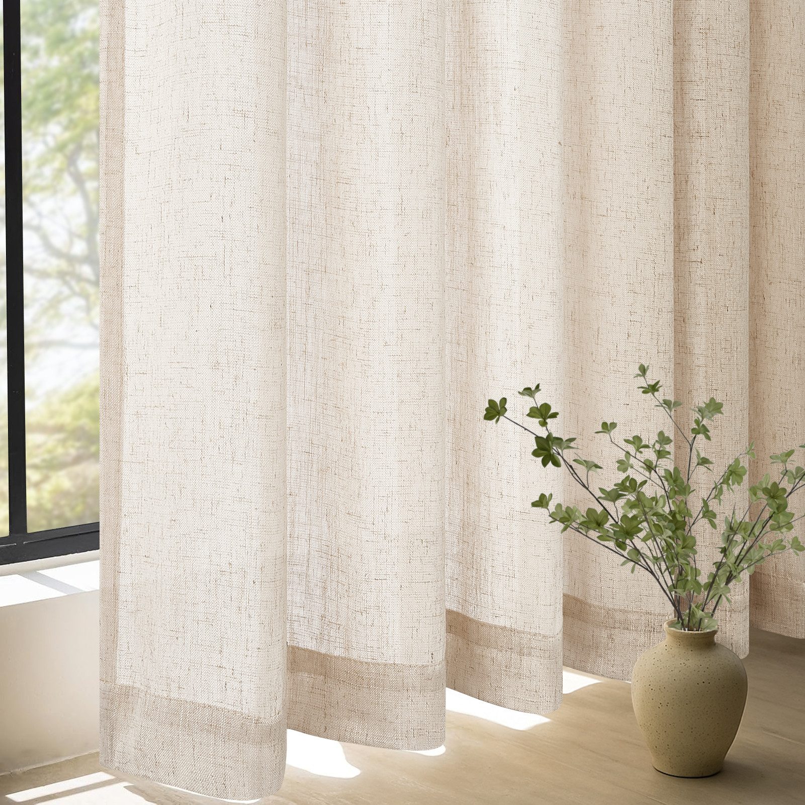 Topfinel Gardine Leinenoptik vorhänge mit kräuselband halbtransparent wohnzimmer (2 St), Kräuselband, halbtransparent, modern boho Oatmeal 140x235cm kinderzimmer Schlafzimmer Esszimmer