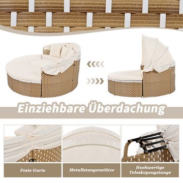 FUROKOY Gartenlounge-Set Muschel-Garten-Lounge-Sessel-Bett mit Kissen und Sitzkissen, (Gartenmöbel-Sets mit ausziehbares Baldachin), Sonneninsel Balkonmöbel aus Rattan,Kombisofa mit Tisch