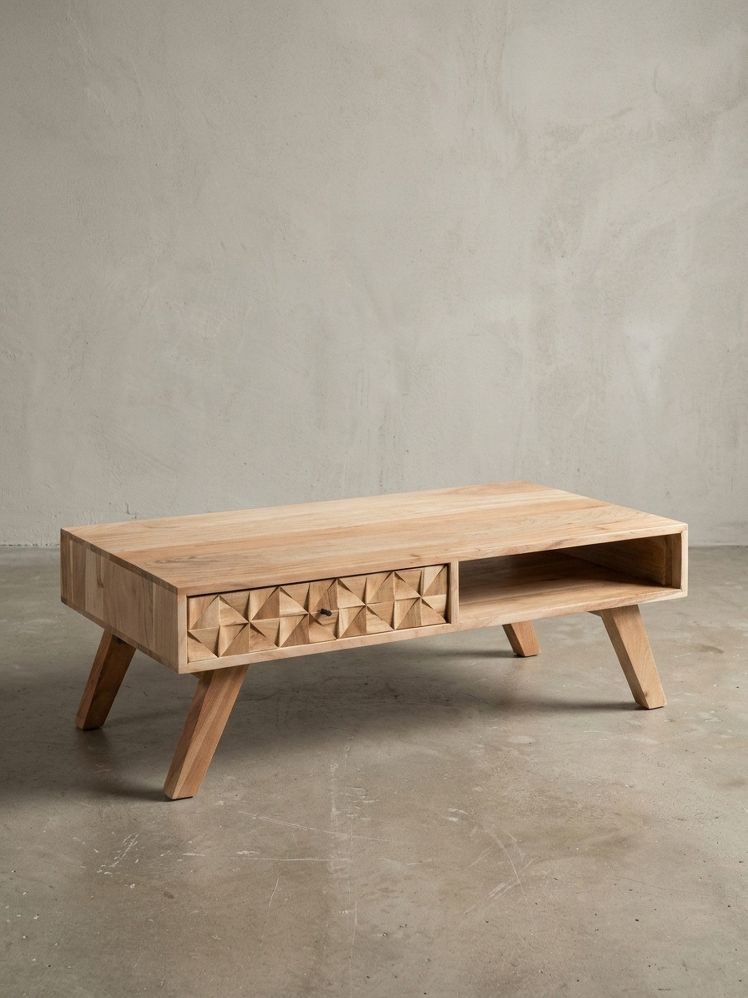KADIMA DESIGN Couchtisch Couchtisch REWA 95x35x50cm Akazie Massivholz Sofatisch, Design (Holztisch Kaffeetisch Massiv, Tisch Wohnzimmer Modern), Wohnzimmertisch mit Schublade, Stubentisch Landhaus Braun, Designer