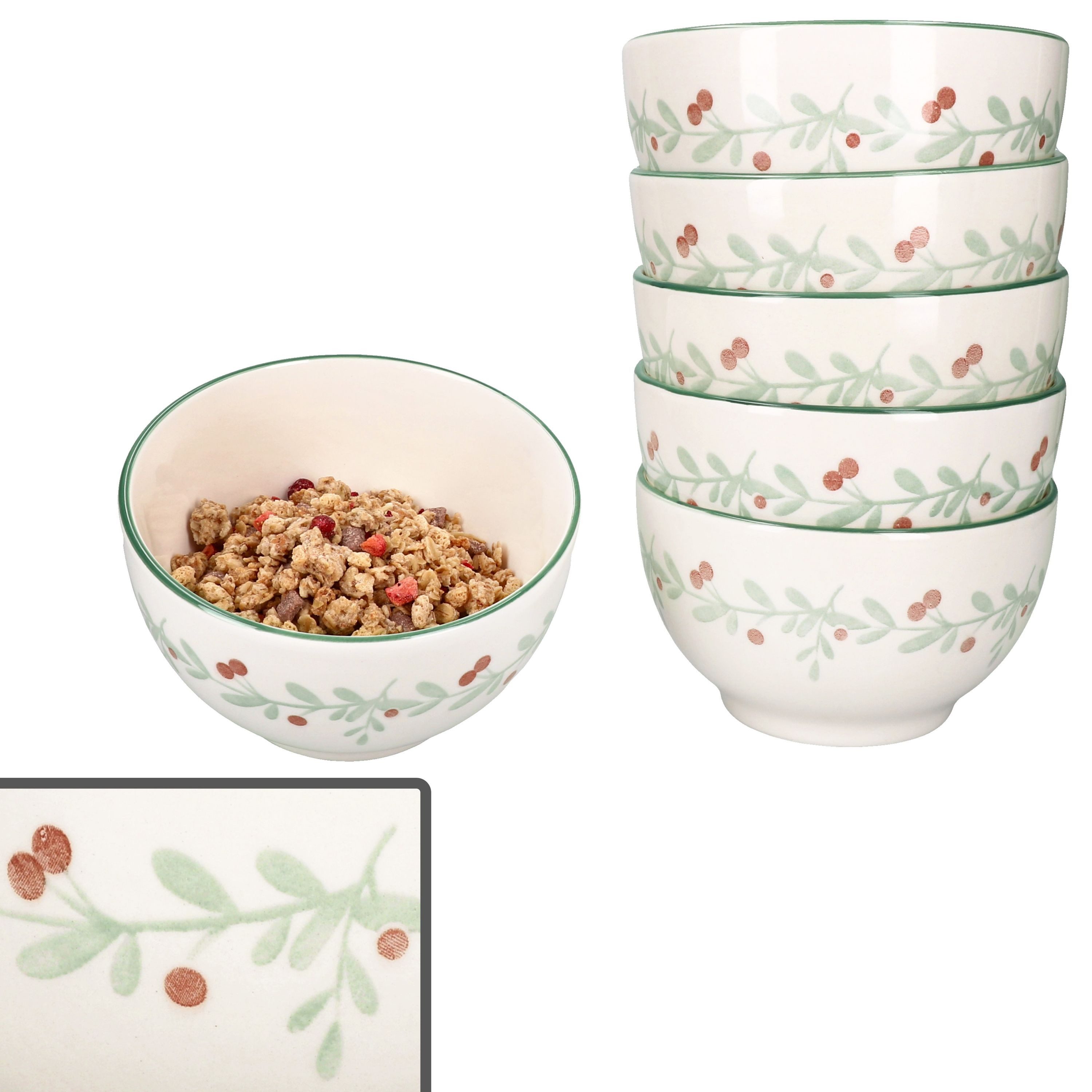 MamboCat Müslischale 6x Holly Müsli-Schale 14,3cm 550ml Steingut Dessert-Bowl Weihnachten, Steingut, Weihnachtsgeschirr, Winter, Weihnachtsset, Geschirr