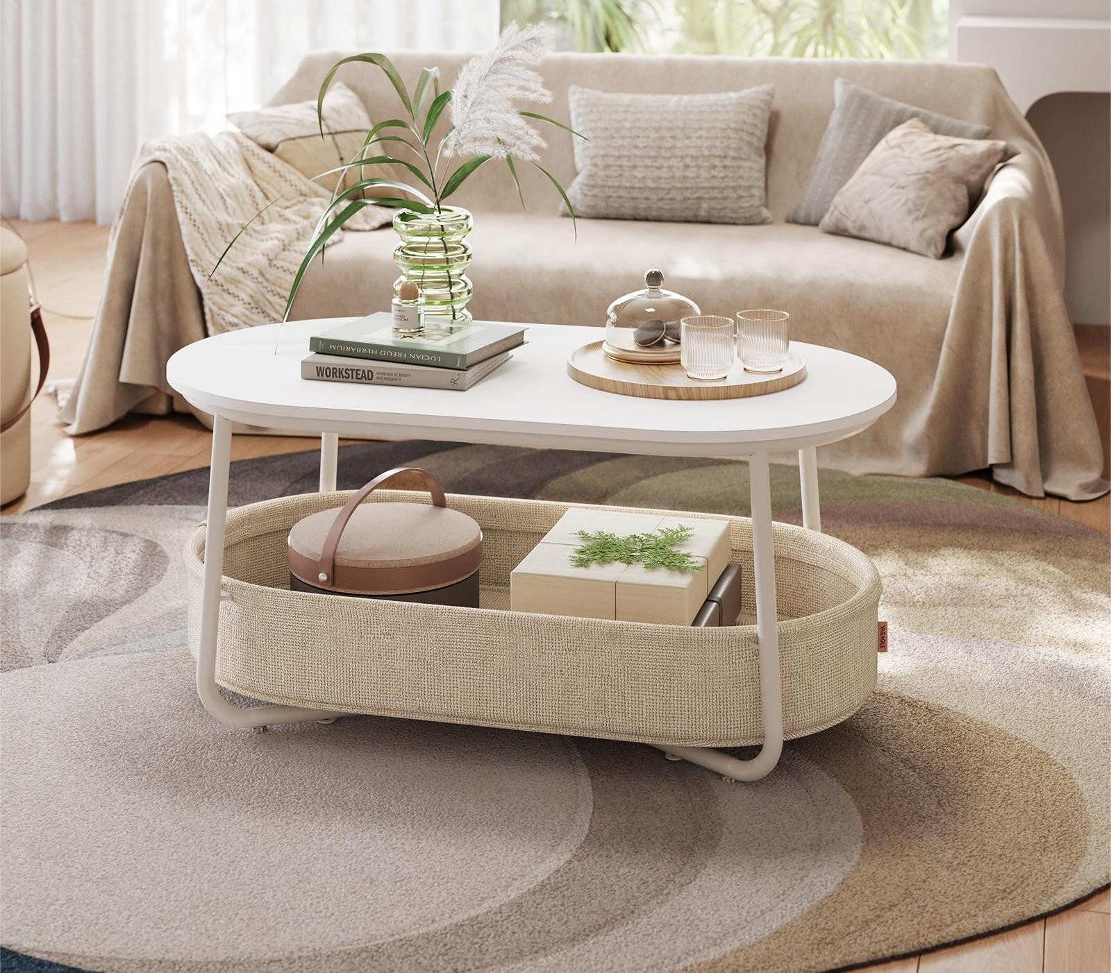 VASAGLE Couchtisch oval, Wohnzimmertisch, modern, mit Stoffkorb, skandinavisches Design (inkl. Zubehörpaket & Anleitung), Beistelltisch, stabil, für Wohnzimmer, 55 x 100 x 45,7 cm