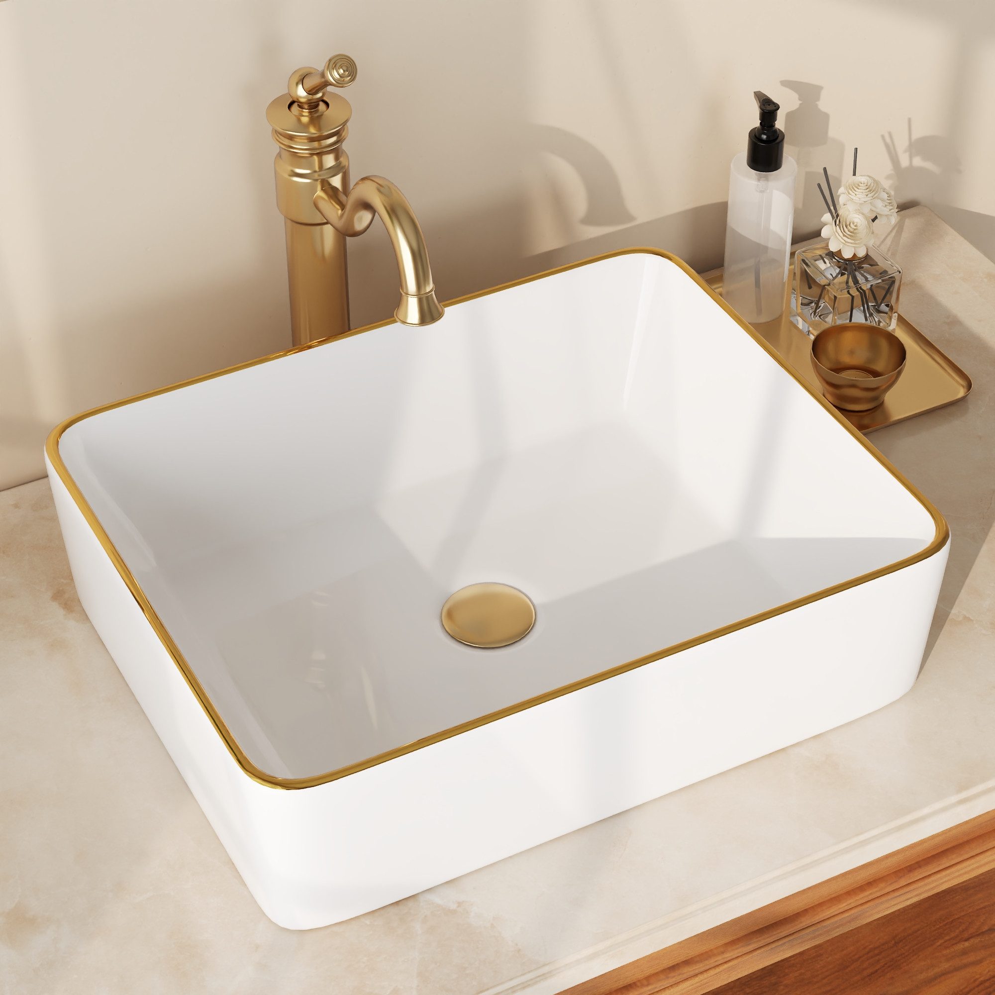 DeerValley Aufsatzwaschbecken DeerValley Weiß Aufsatz-WC Waschbecken Über der Theke (Packung, ohne Wasserhahn), Quadratisch Weiß mit Goldrand Keramik Aufsatzwaschbecken