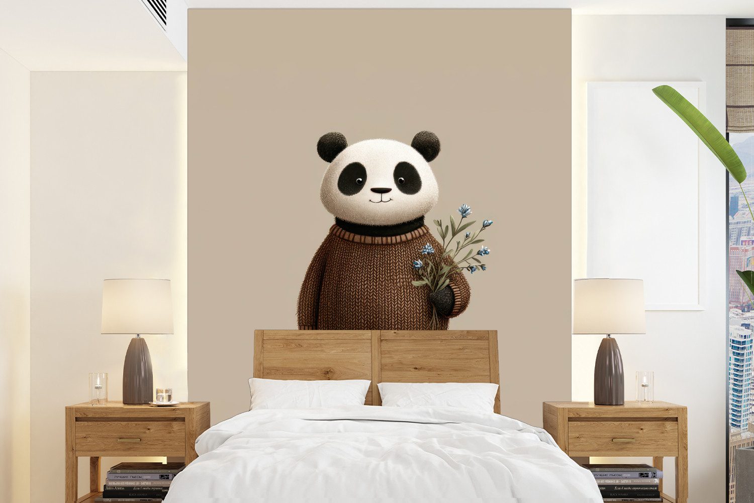 MuchoWow Fototapete Panda - Blaue Blumen - Sanftheit, Matt, bedruckt, Wallpaper für Wohnzimmer, Schlafzimmer, Vinyl Tapete, 165x220 cm