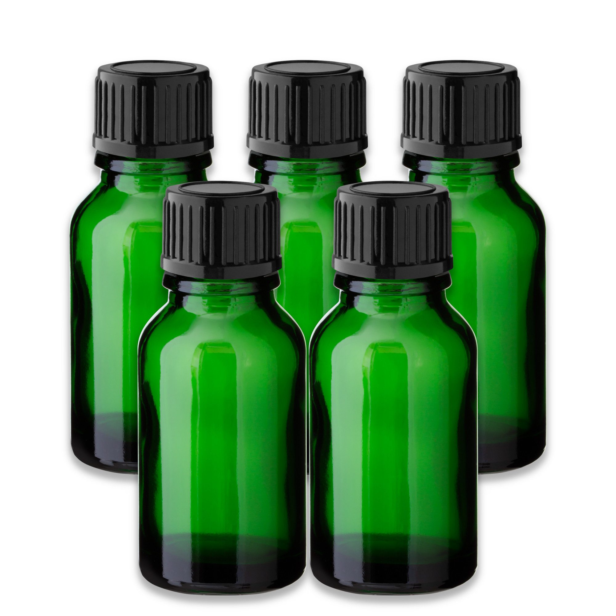 CK Verpackung GmbH Leerglas 5x Grüne Glasflasche 15 ml mit schwarzem PP-Schraubverschluss 18 mm (Set x5)